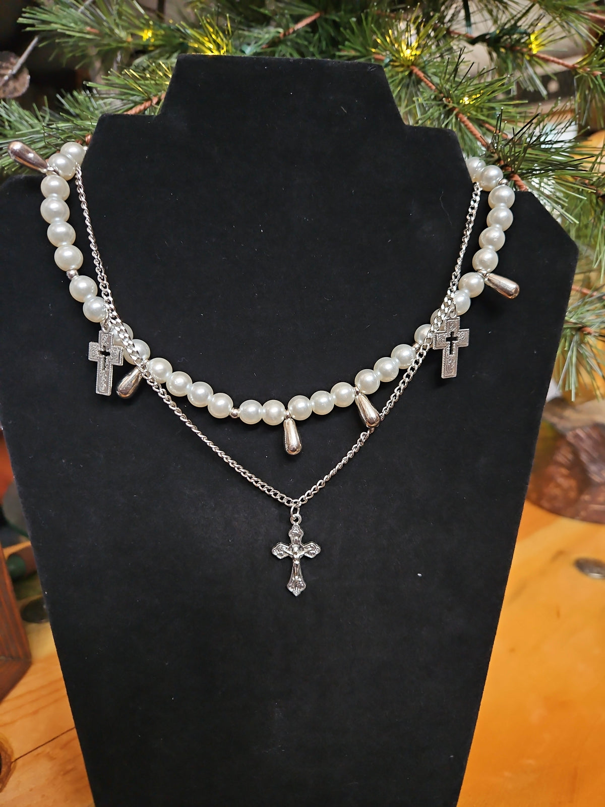 Layered Pearl & Silver-Tone Cross Necklace with Jesus Pendant