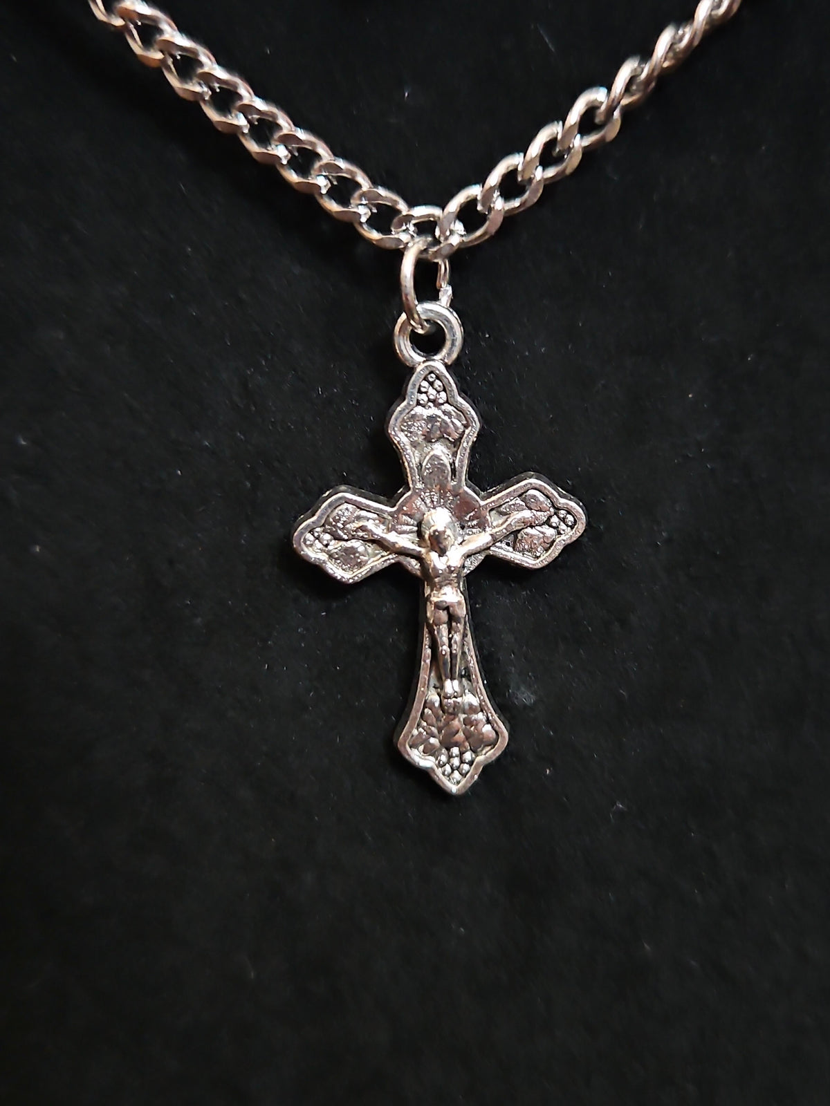 Layered Pearl & Silver-Tone Cross Necklace with Jesus Pendant