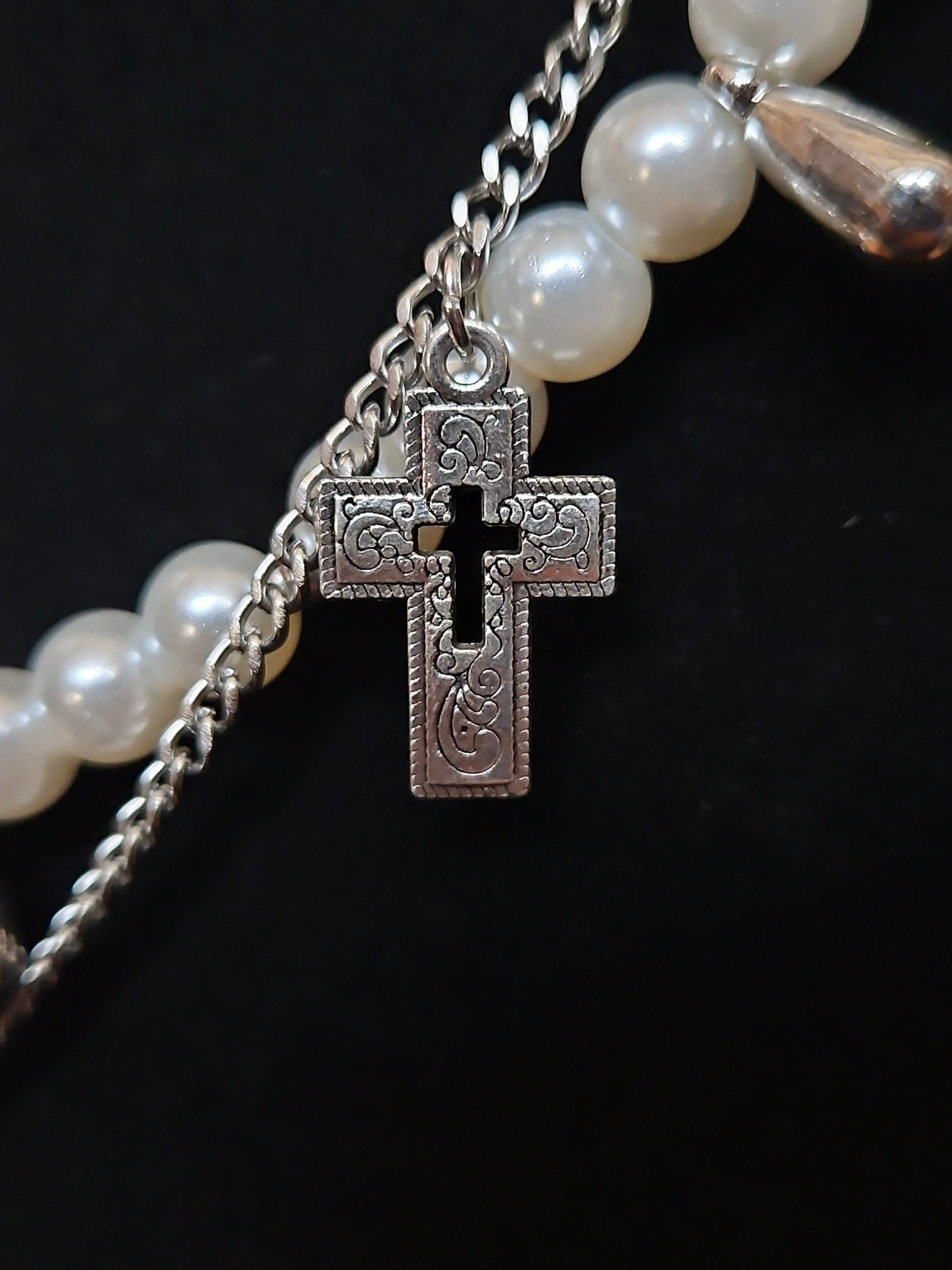 Layered Pearl & Silver-Tone Cross Necklace with Jesus Pendant