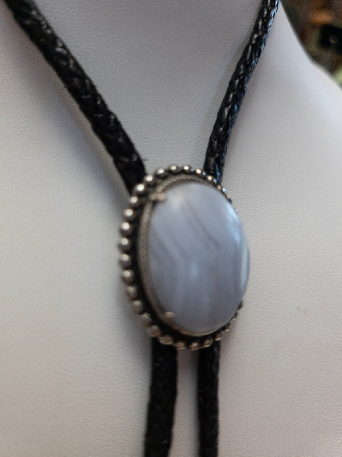 Gray Lavender Stone Bolo Tie with Silver-Tone Frame