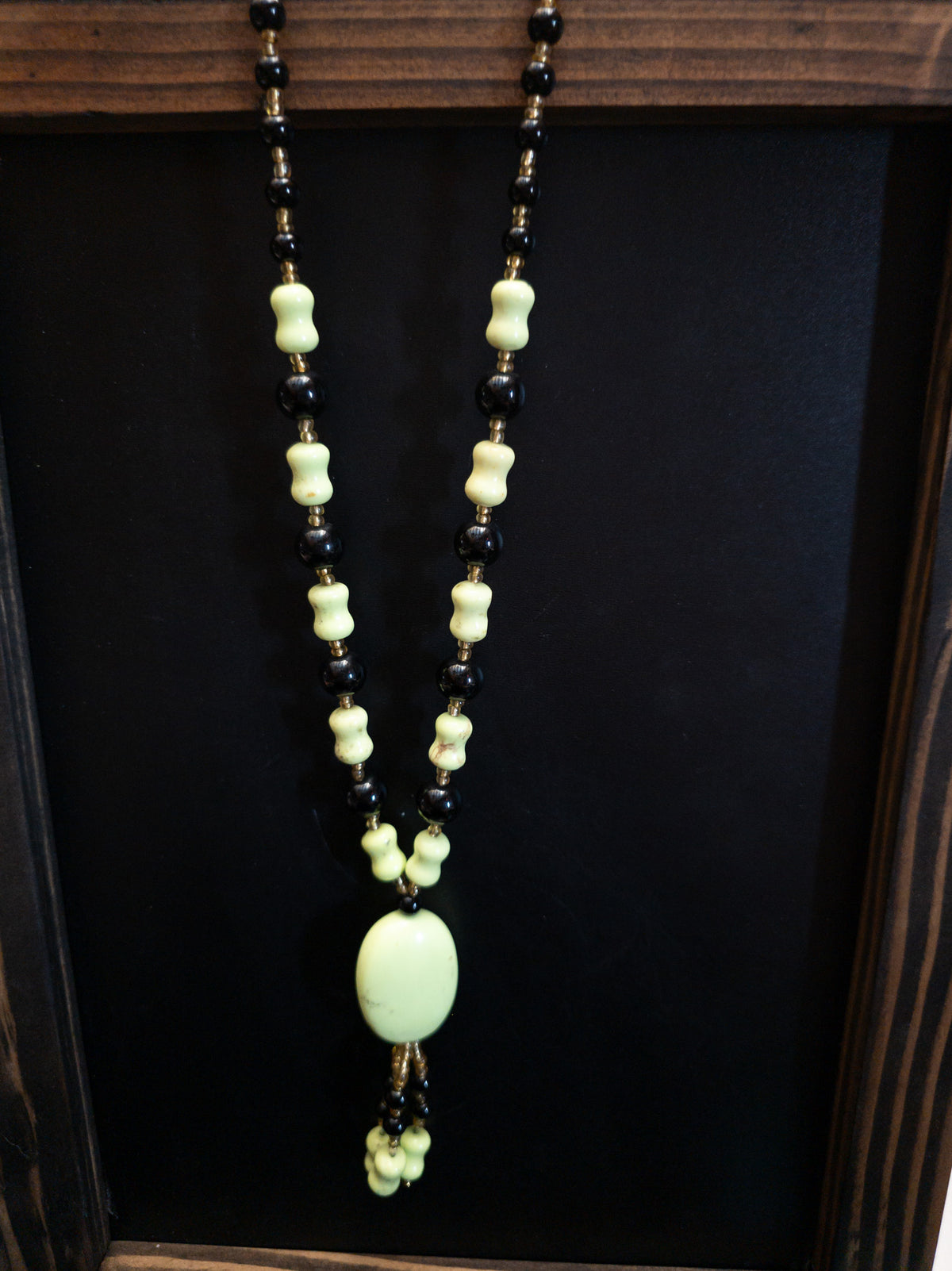 Faux Jade & Black Beaded Pendant Necklace