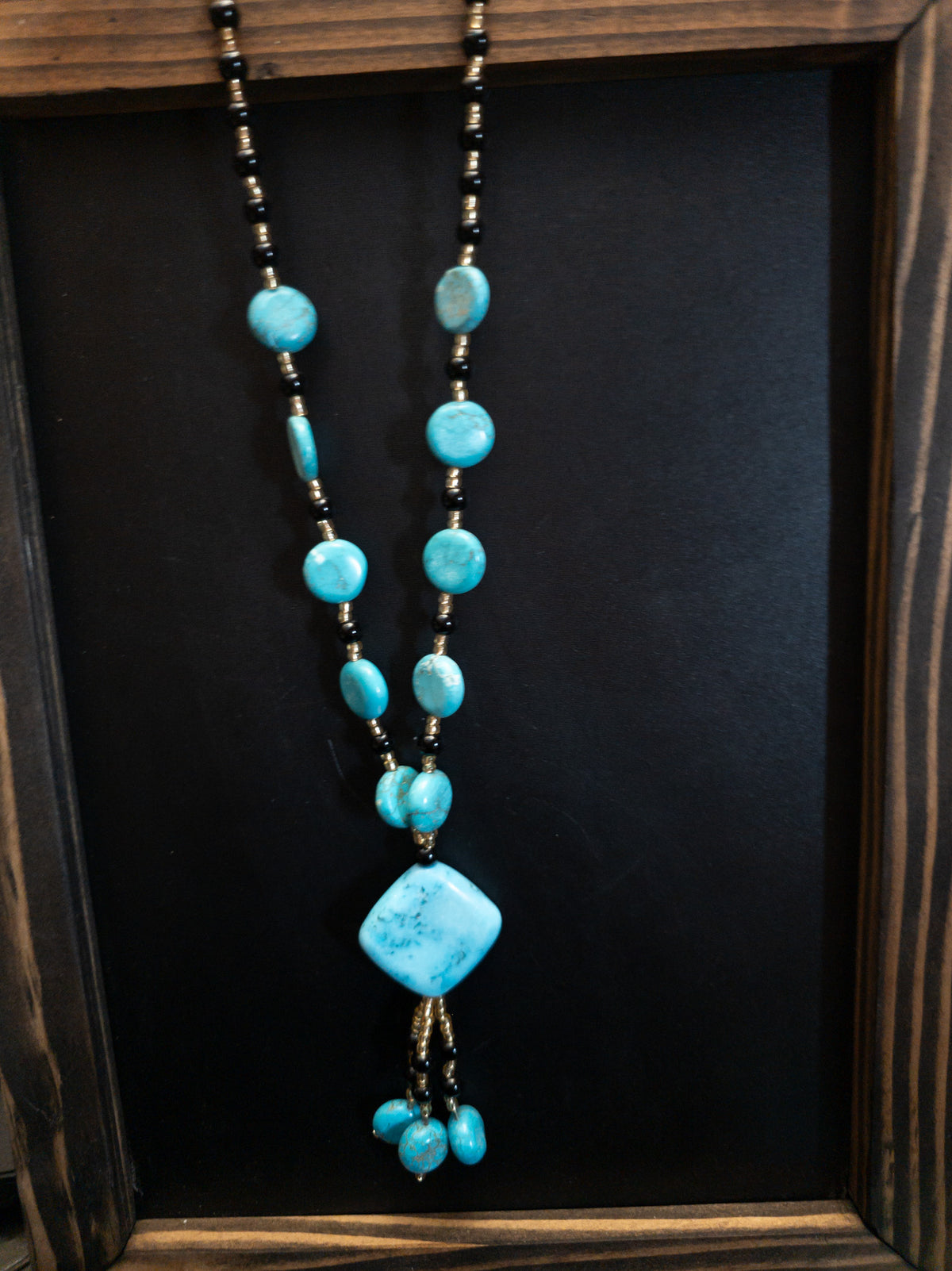 Faux Turquoise Diamond Pendant & Black Beaded Necklace