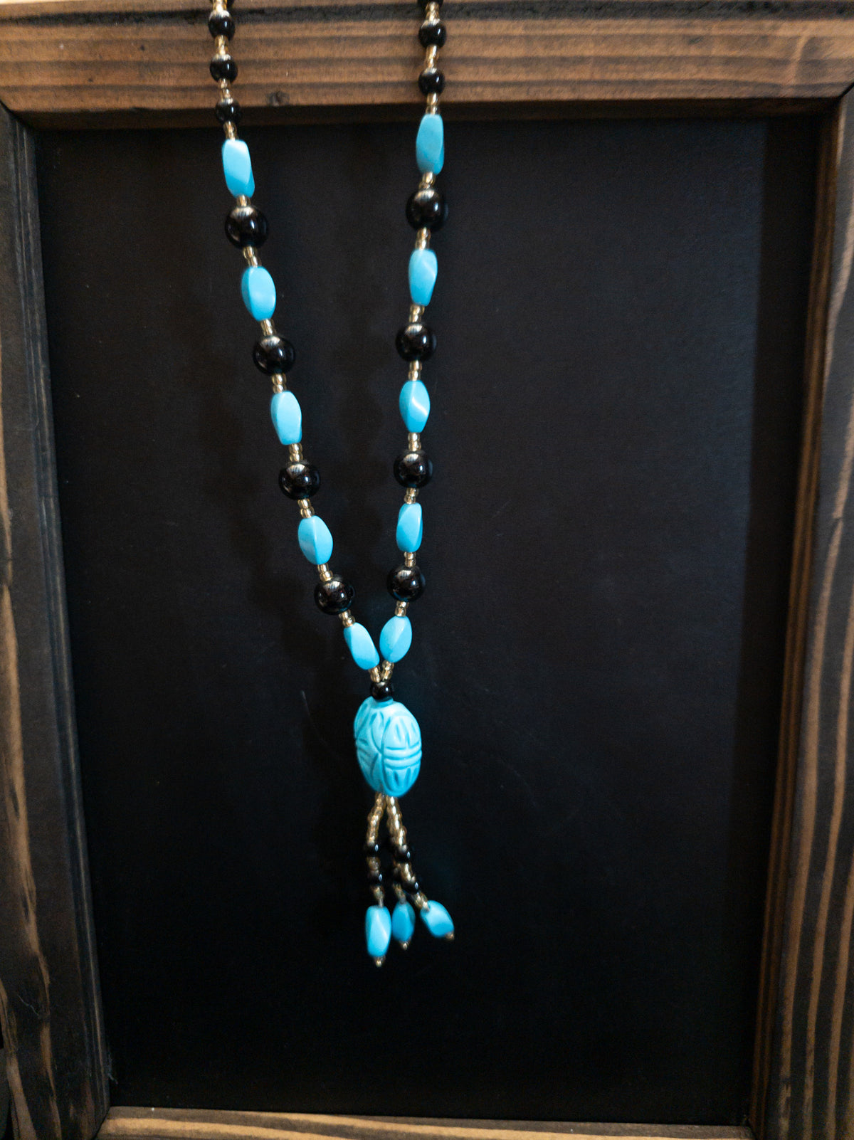 Faux Turquoise Carved Pendant & Black Beaded Necklace