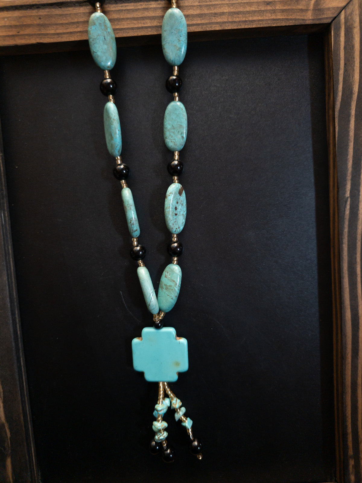 Turquoise & Black Stone Beaded Cross Pendant Necklace