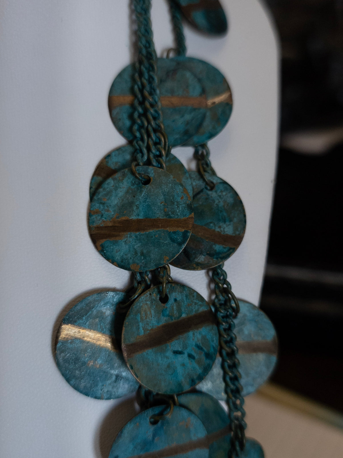 Blue Patina Multi-Strand Metal Disc Statement Necklace