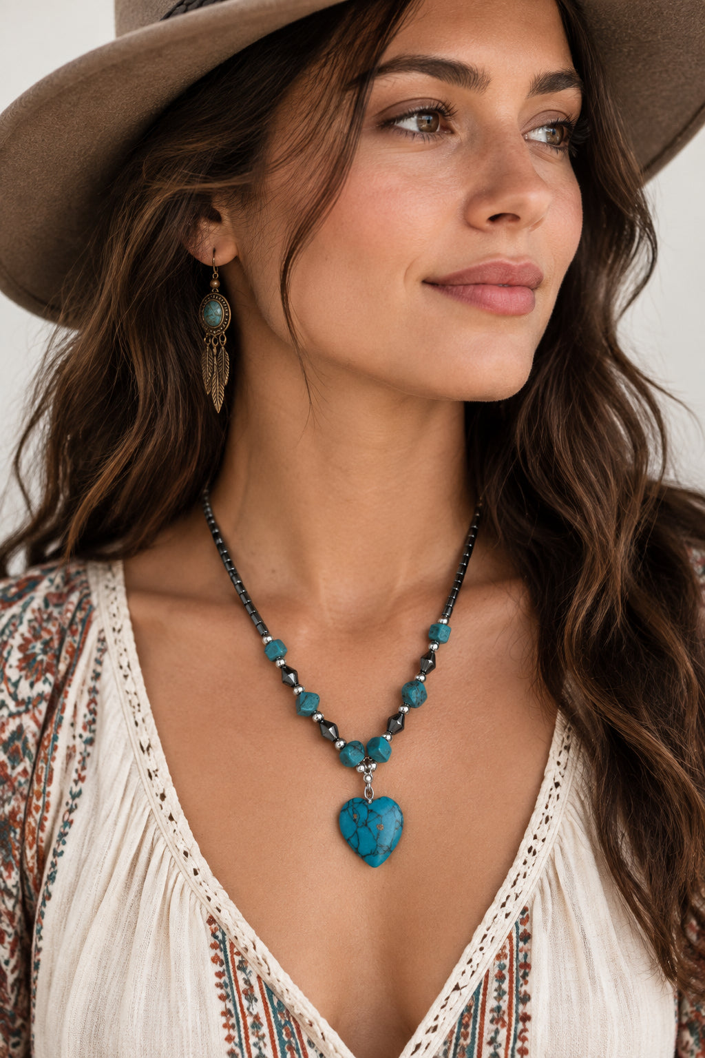 Hematite Necklace with Turquoise Accents & Heart Pendant