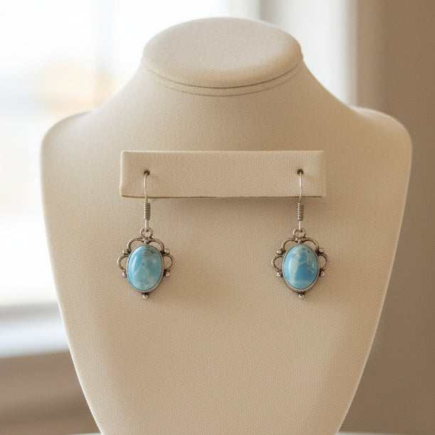 Larimar Drop Earrings with Ornate Silver-Tone Frames