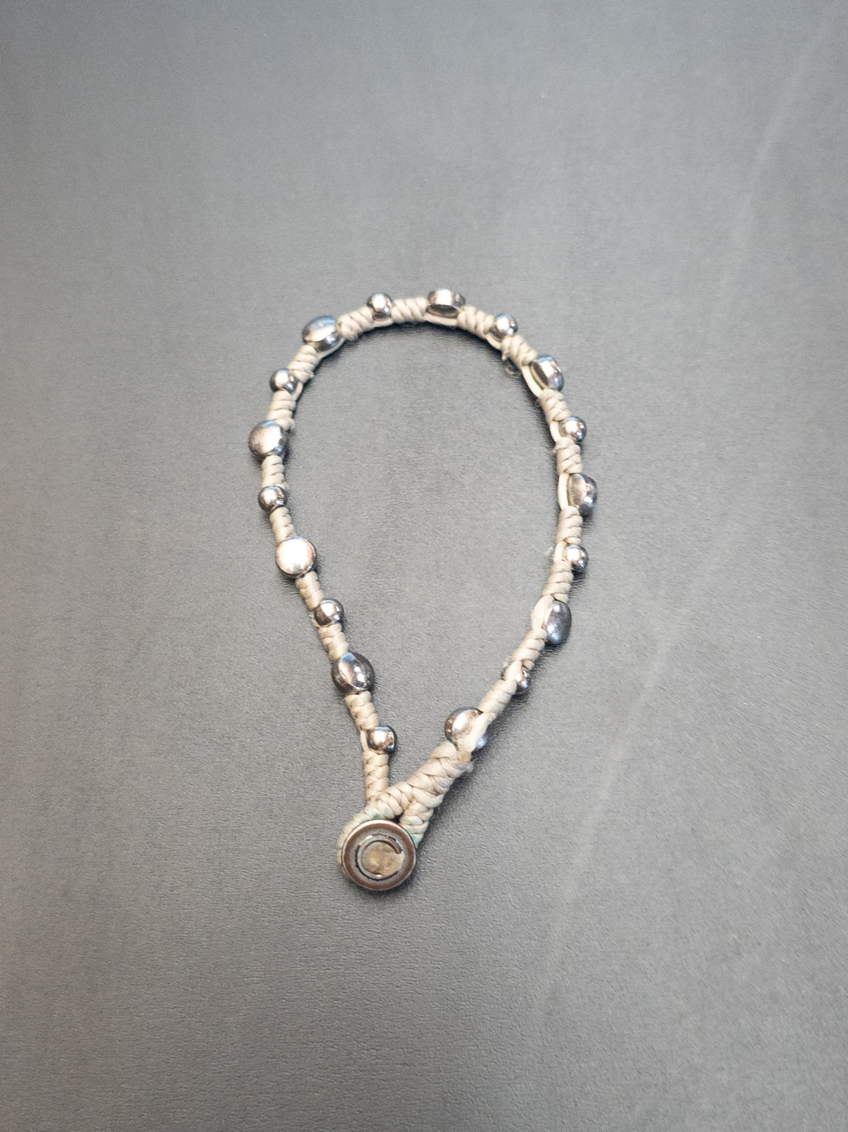 Tan Woven Cord Bracelet with Silver-Tone Beads