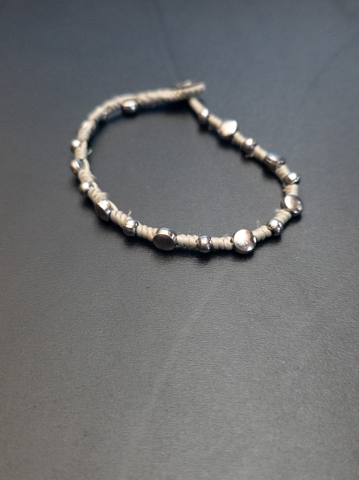Tan Woven Cord Bracelet with Silver-Tone Beads