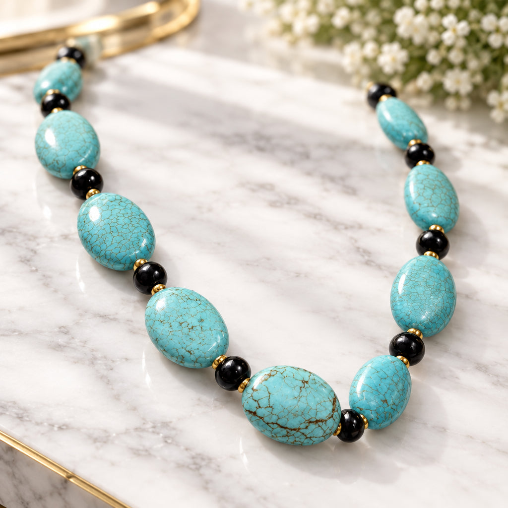Oval Turquoise Beaded Necklace with Black Round Bead Accents