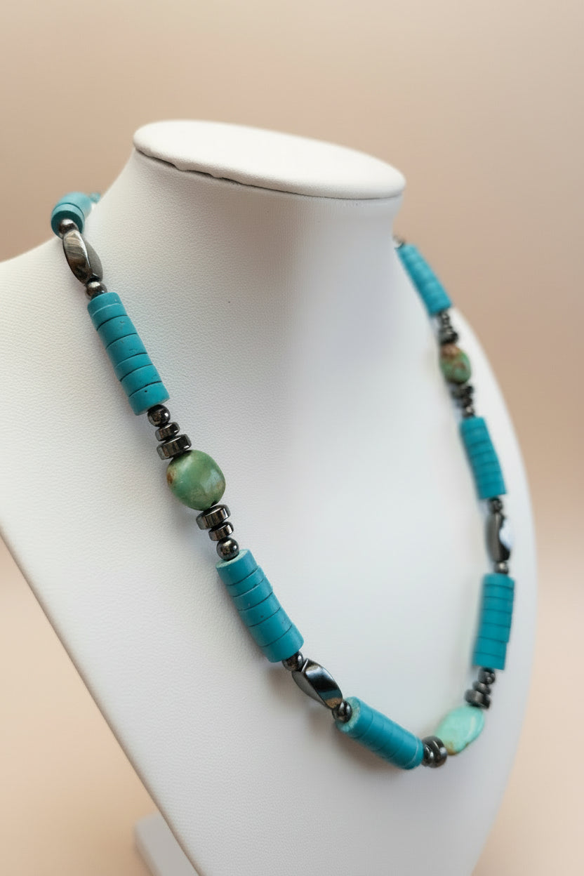 Turquoise Heishi Bead Necklace with Turquoise Stone & Hematite Accents