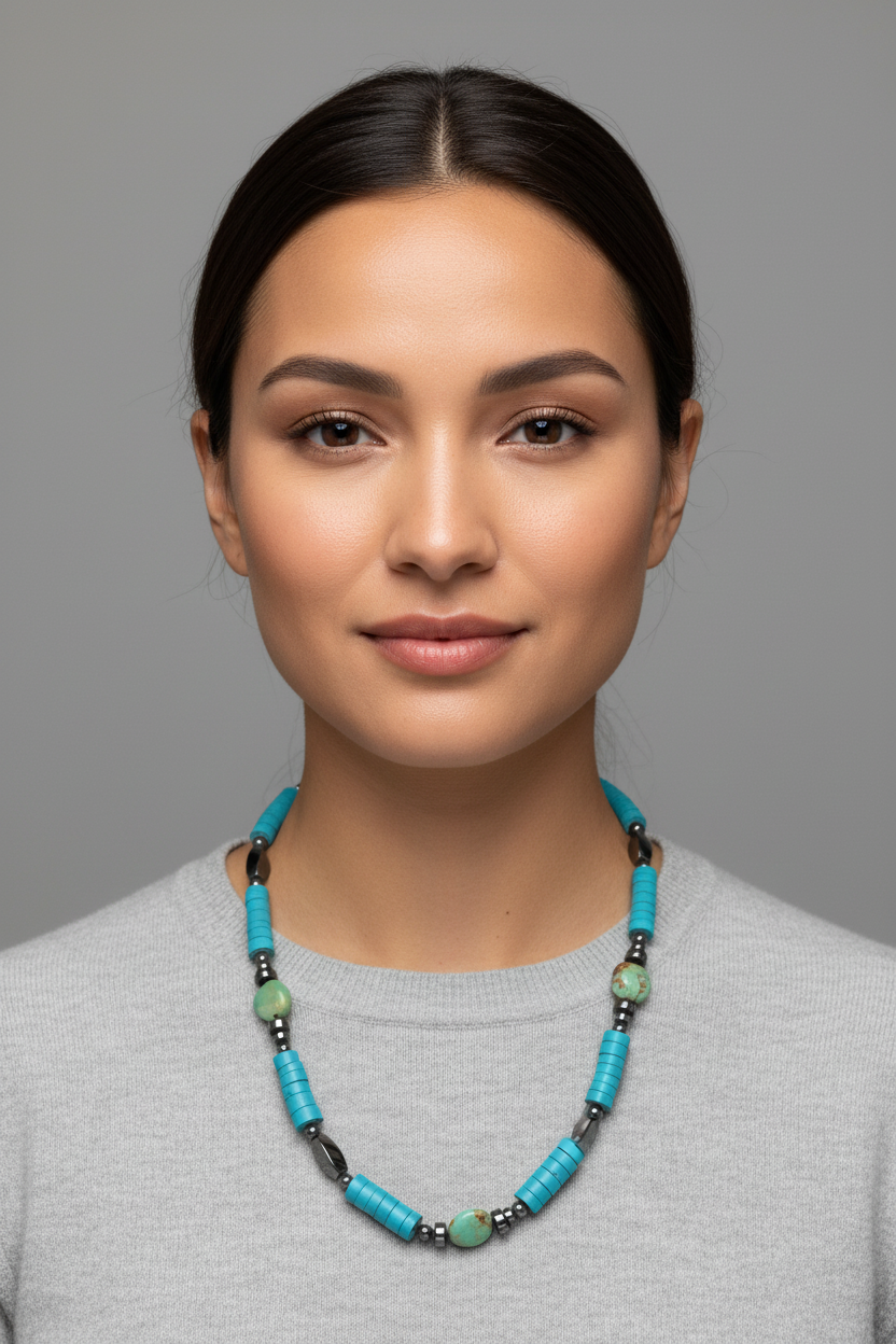 Turquoise Heishi Bead Necklace with Turquoise Stone & Hematite Accents