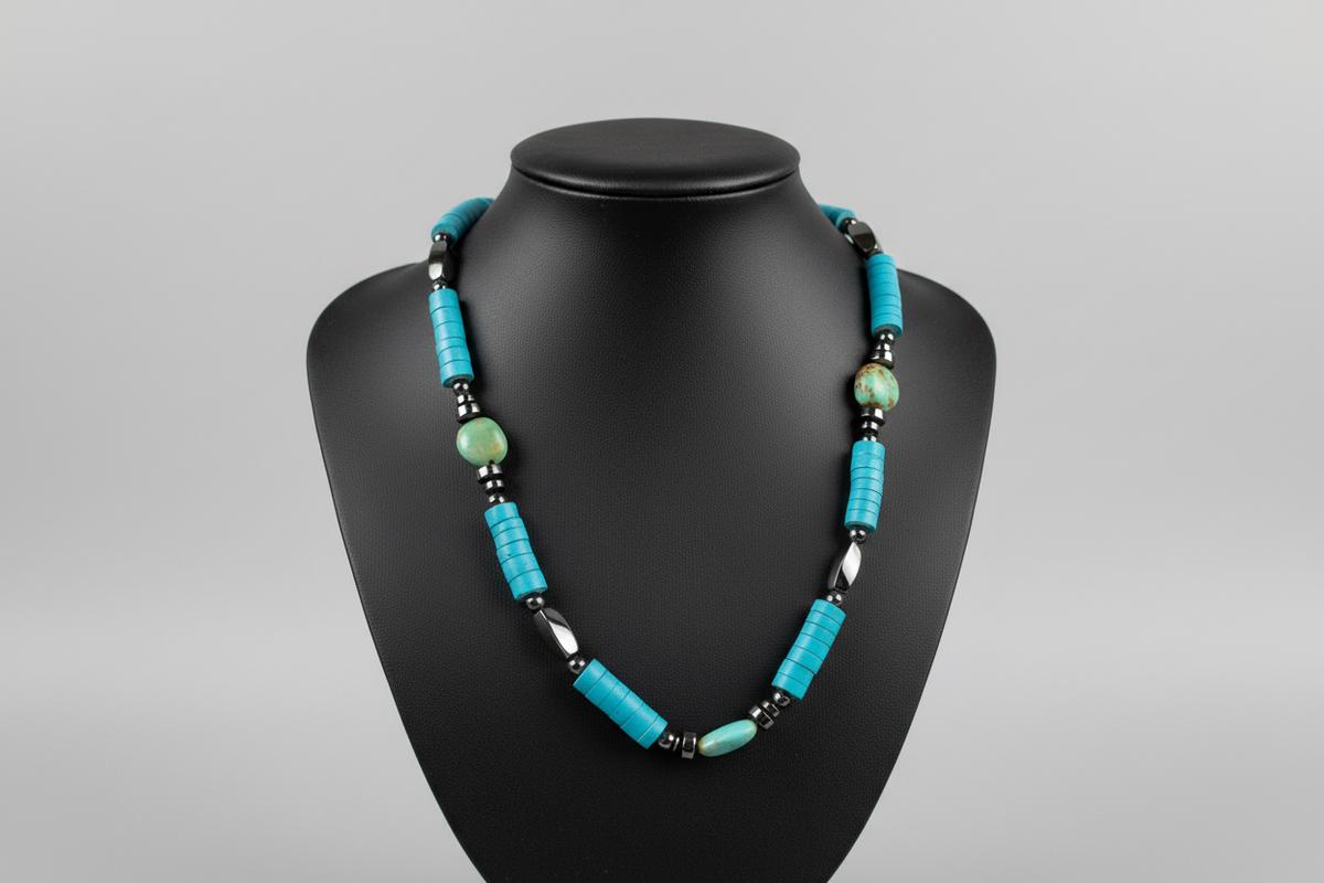Turquoise Heishi Bead Necklace with Turquoise Stone & Hematite Accents