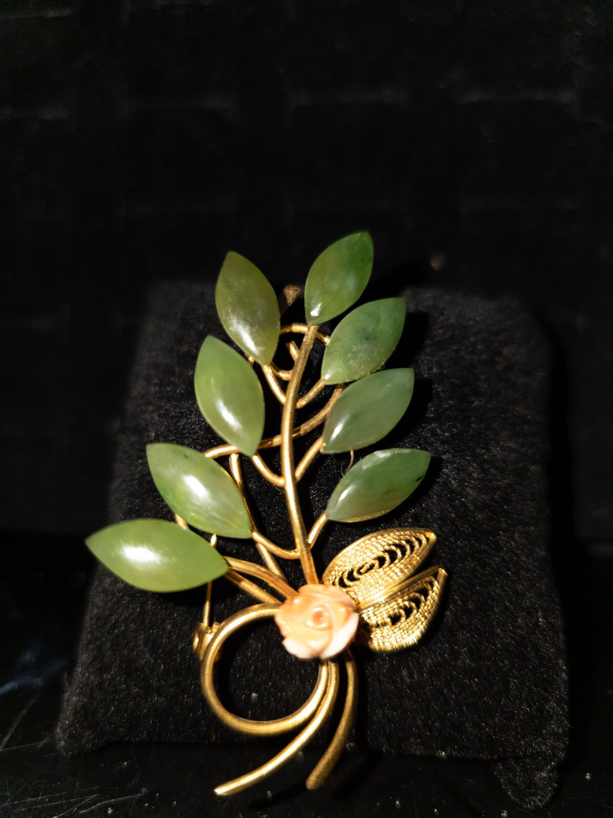Green Plant Pin with Pink Rose & Gold-Tone Accents