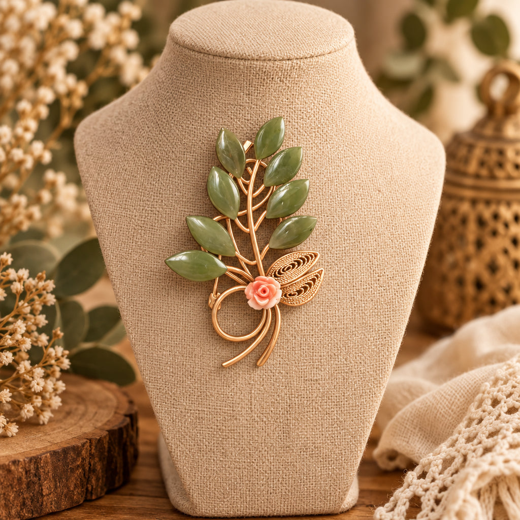 Green Plant Pin with Pink Rose & Gold-Tone Accents