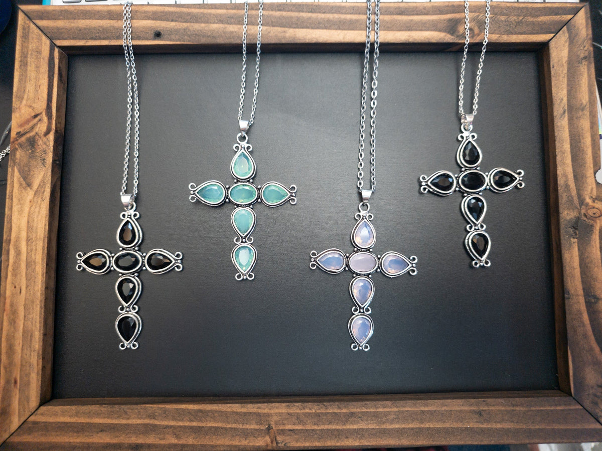 Faceted Stone Ornate Cross Pendant Necklace
