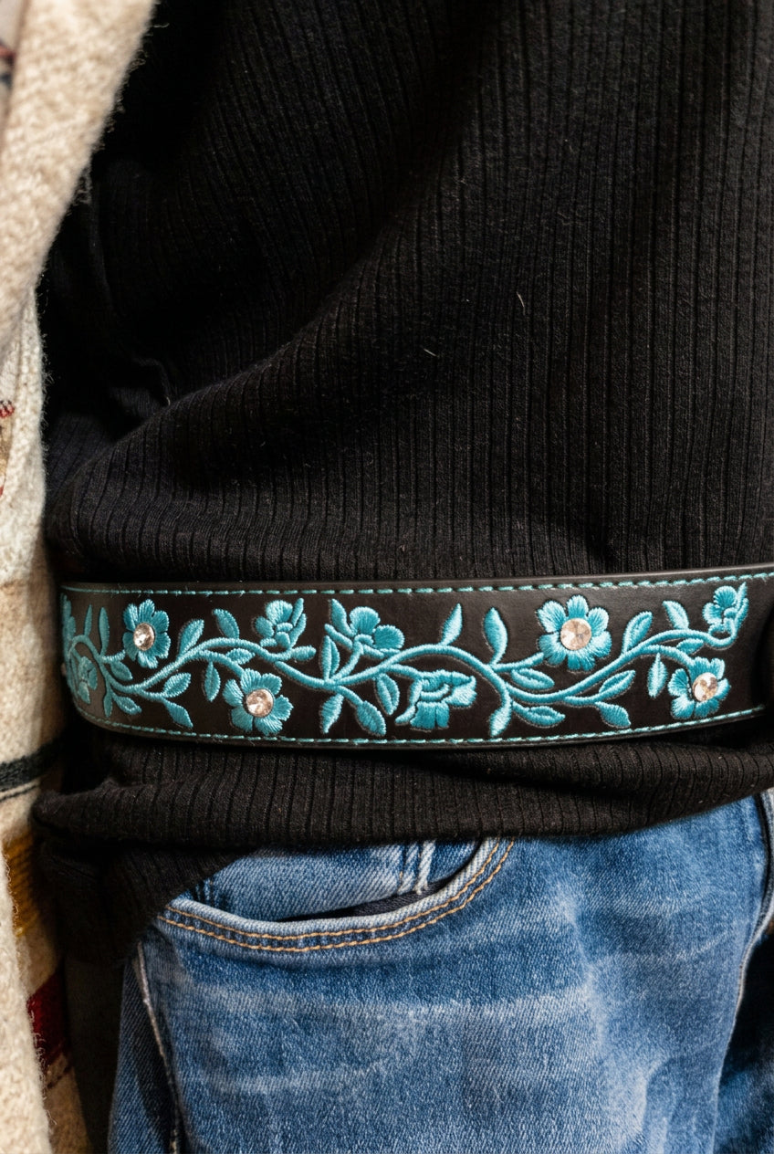 Topacc Black and Turquoise Western Floral Belt