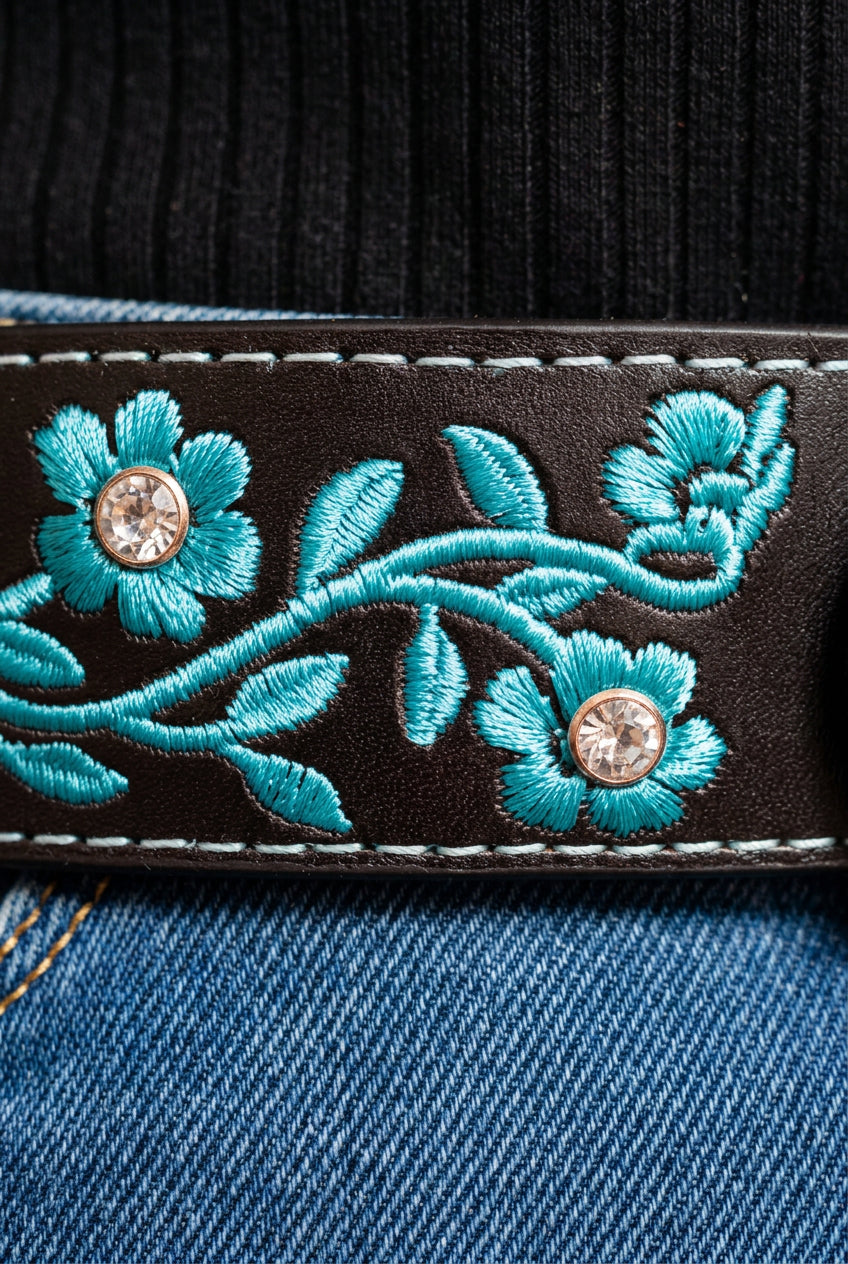 Topacc Black and Turquoise Western Floral Belt