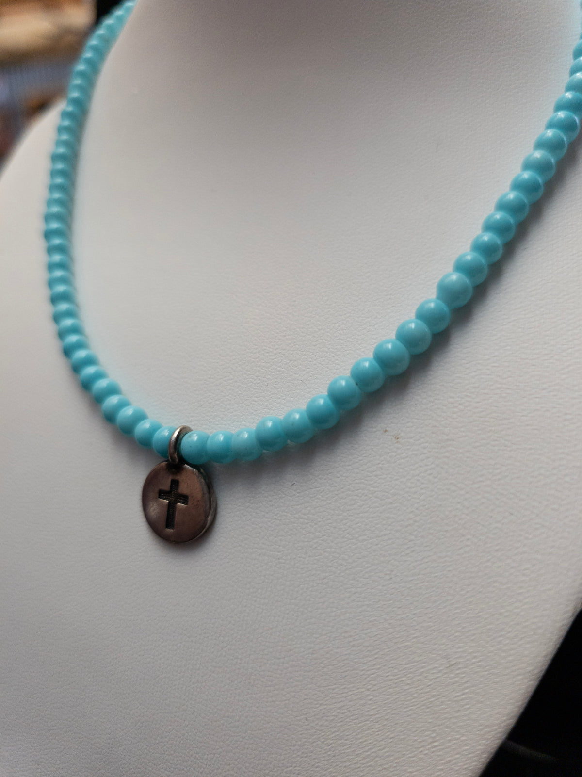 Turquoise-Colored Beaded Cross Necklace