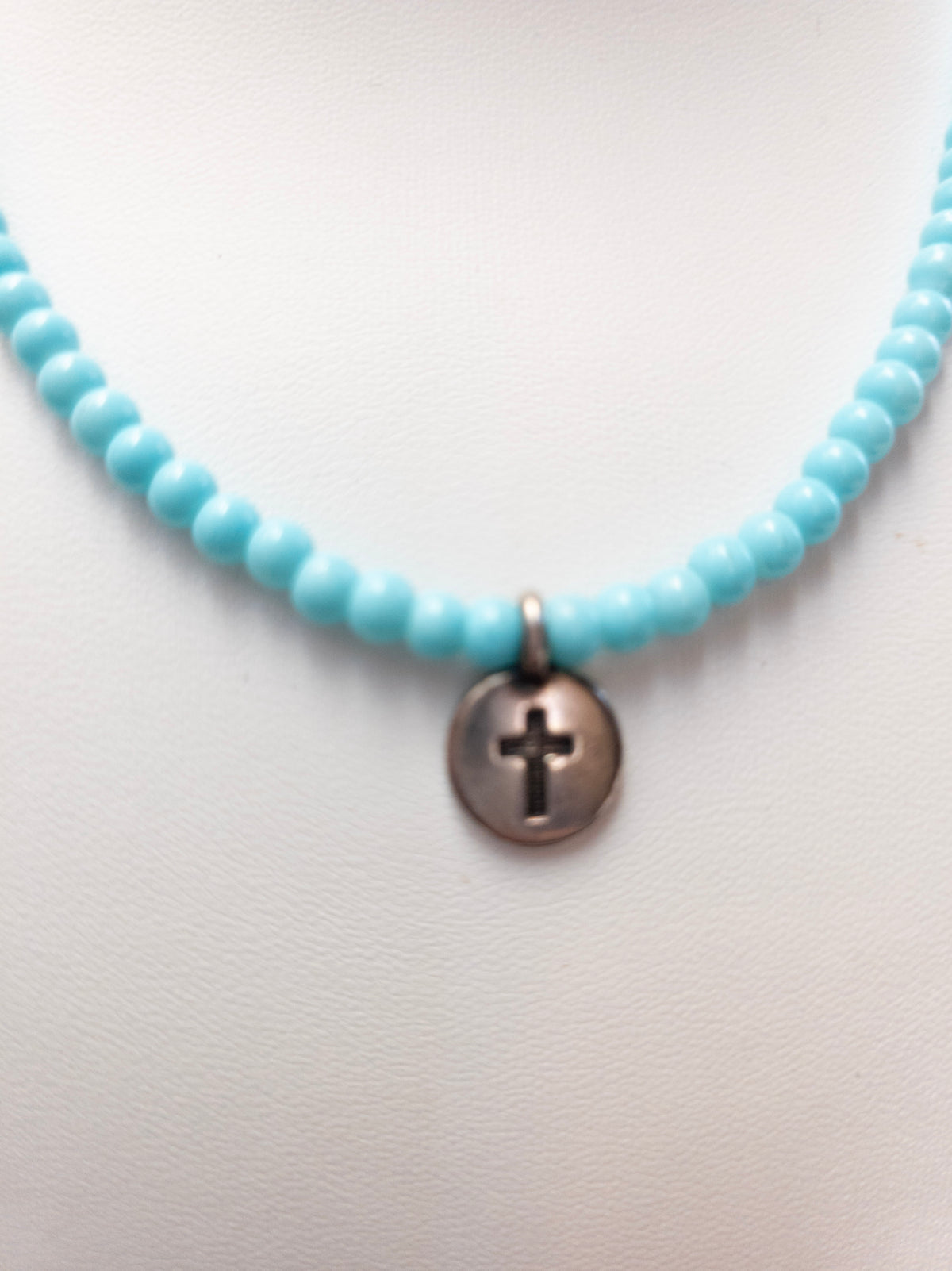 Turquoise-Colored Beaded Cross Necklace
