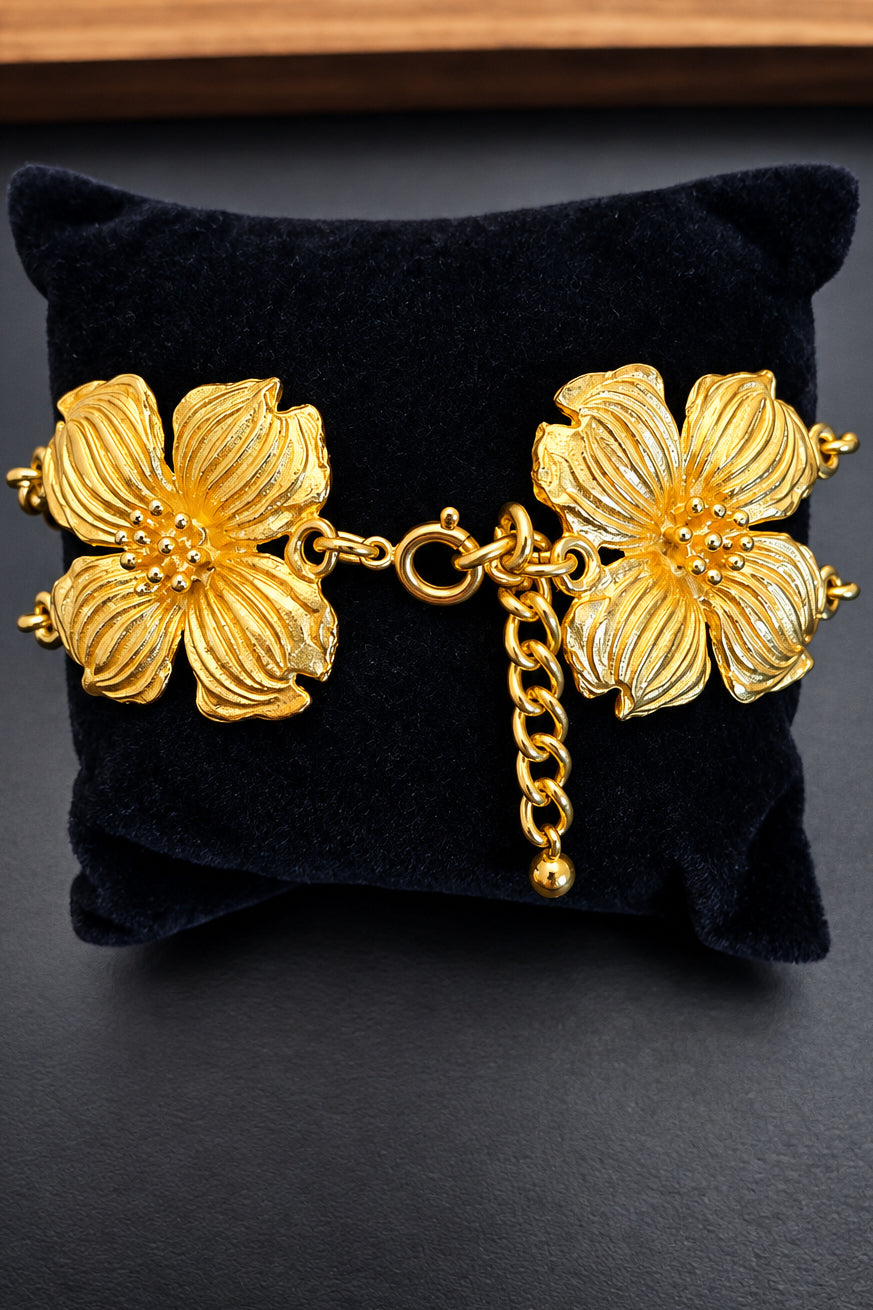 Vintage Two-Tone Gold & Silver Floral Link Bracelet – Statement Flower Jewelry