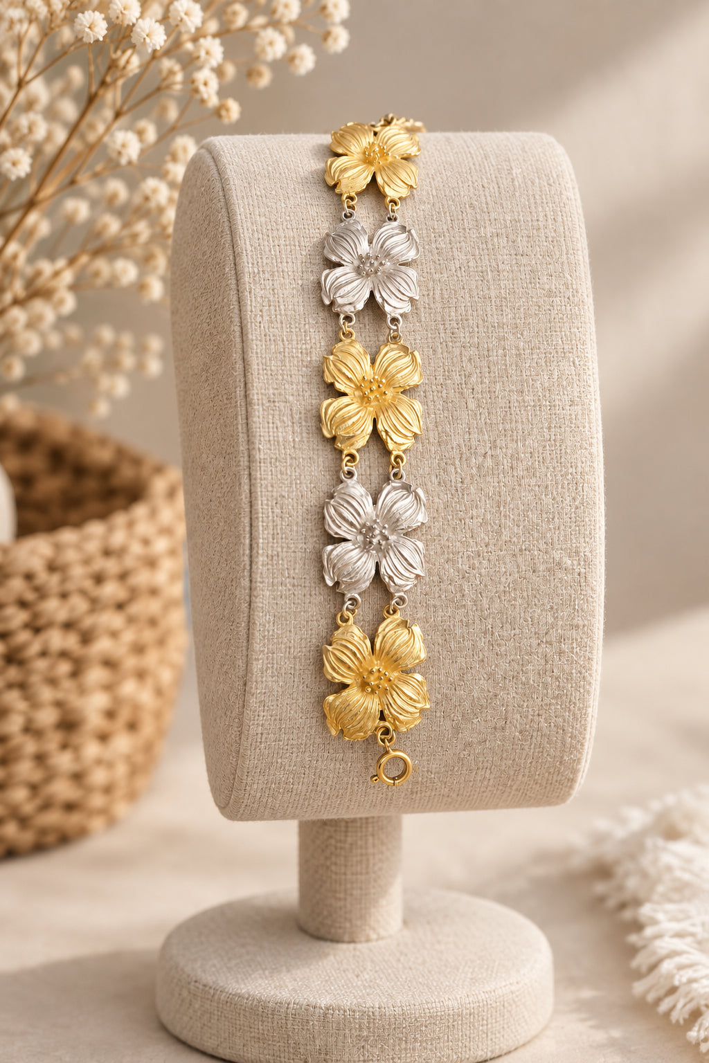 Vintage Two-Tone Gold & Silver Floral Link Bracelet – Statement Flower Jewelry