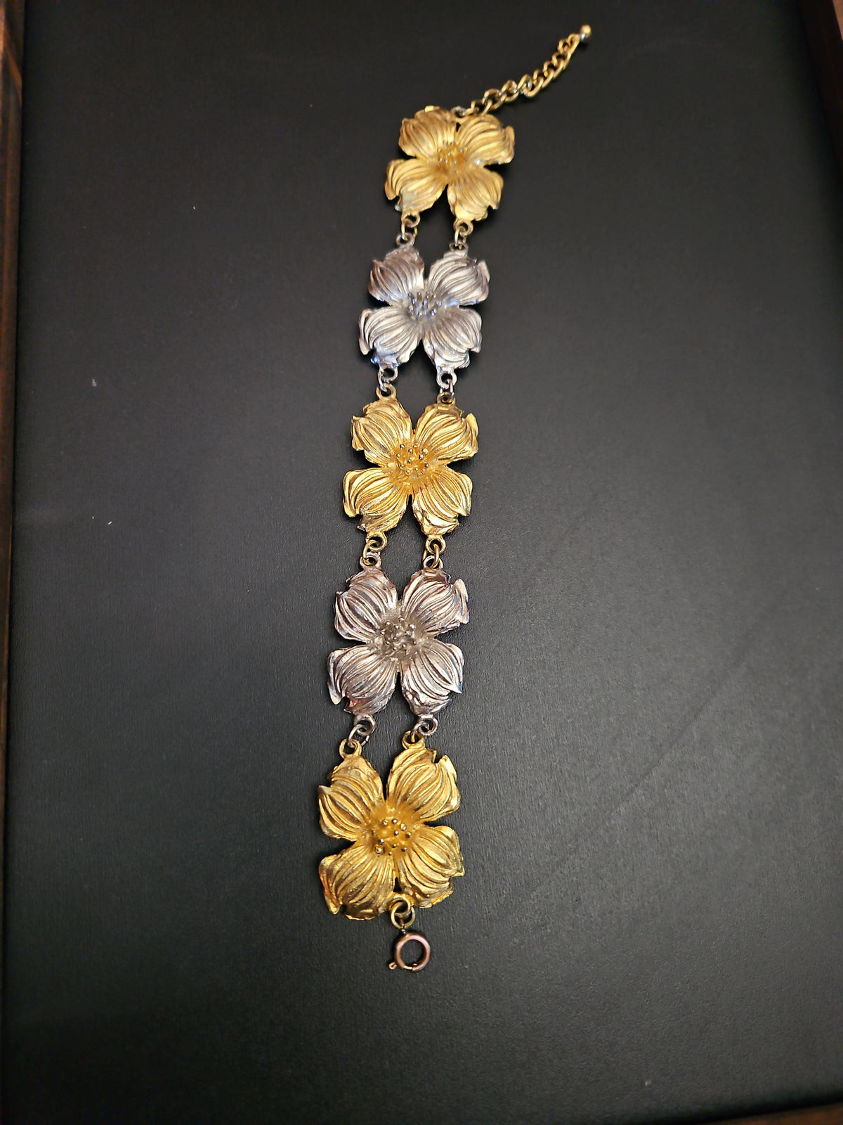 Vintage Two-Tone Gold & Silver Floral Link Bracelet – Statement Flower Jewelry