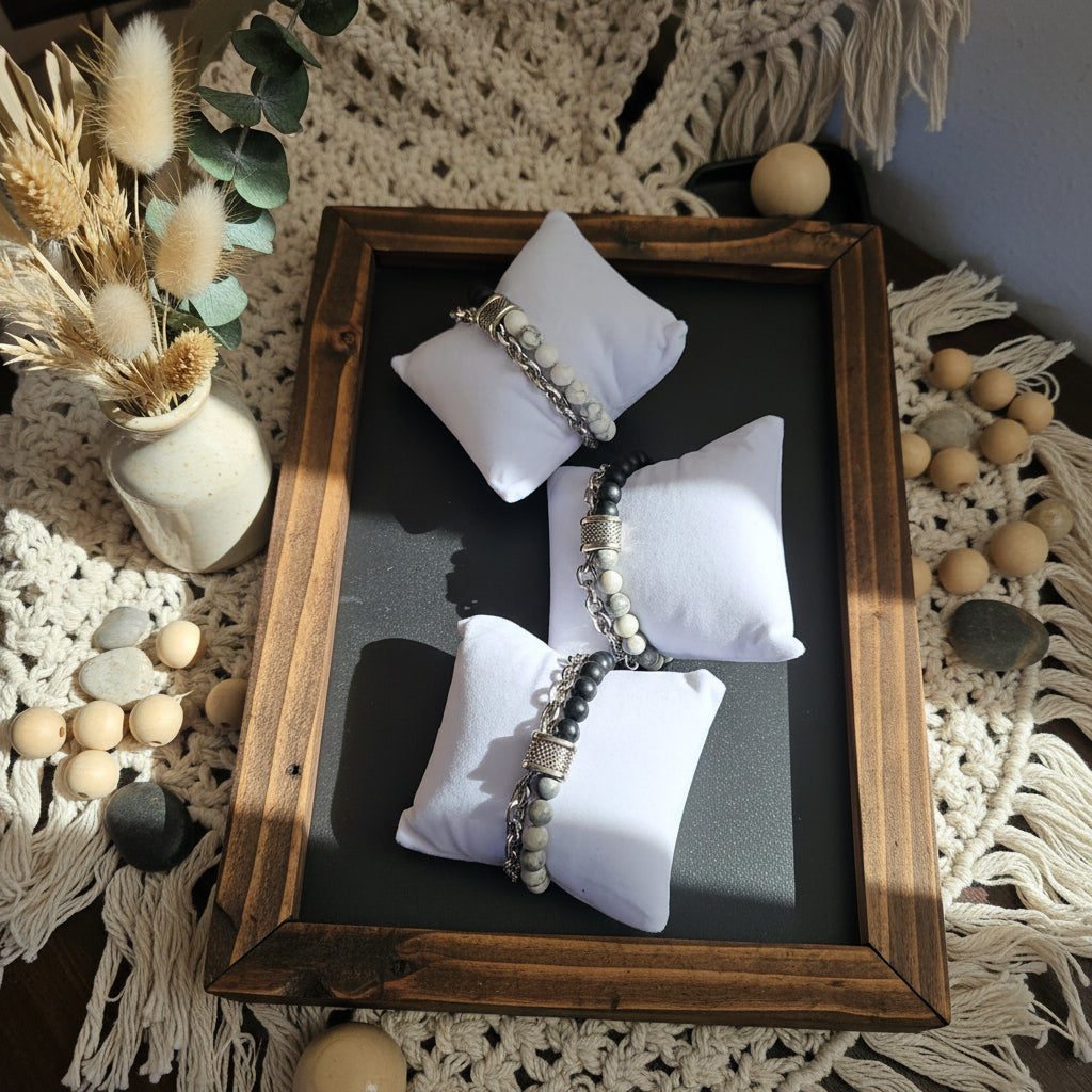 Black Onyx & Howlite Mixed Stone Chain Bracelet – Silver-Tone Accents