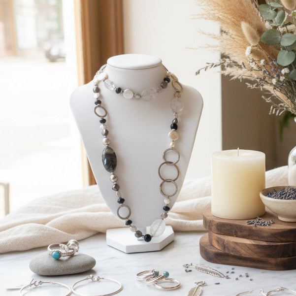 Black & Clear Beaded Statement Necklace with Metallic Ring Accents