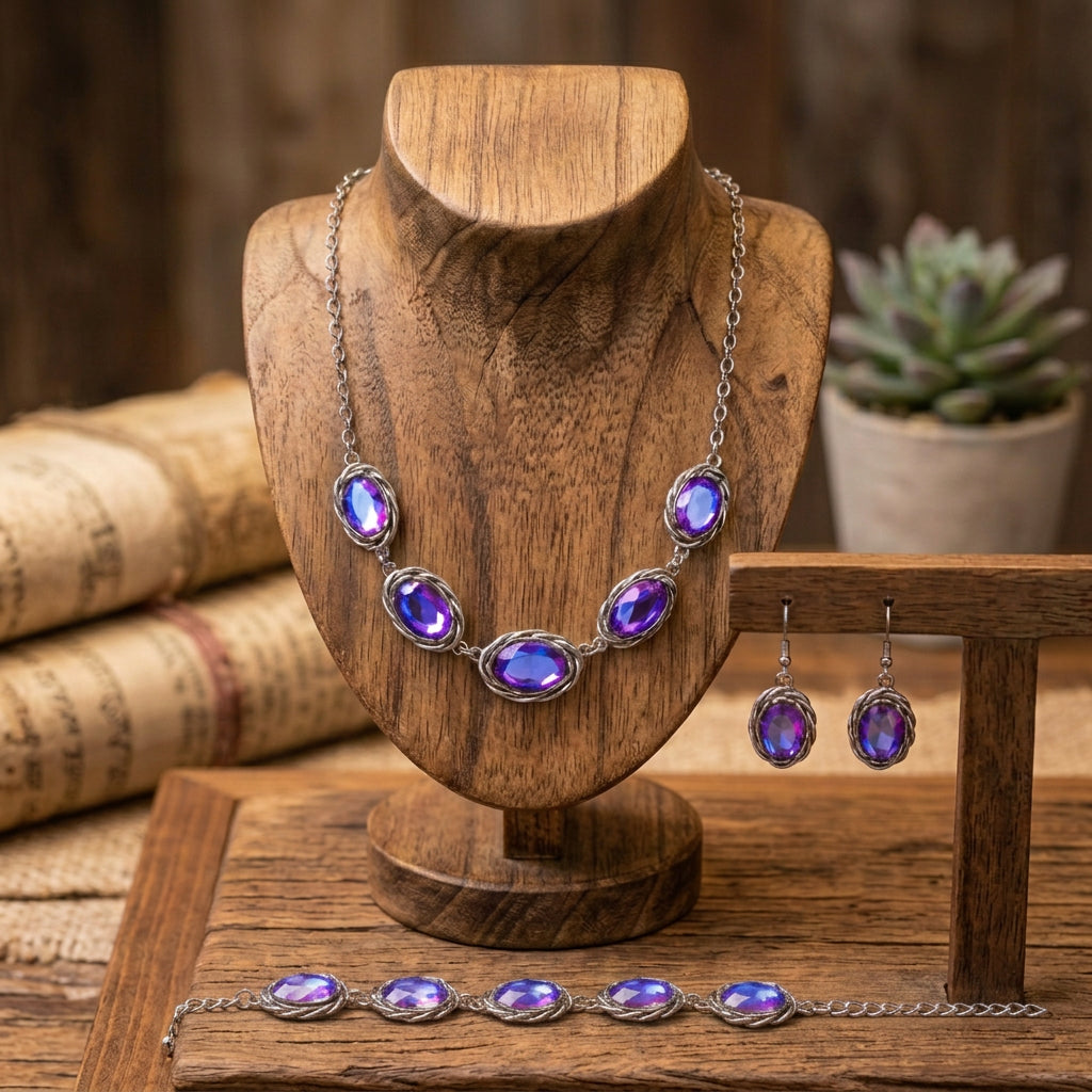 Purple Aurora Crystal Necklace, Bracelet & Earrings 3-Piece Jewelry Set