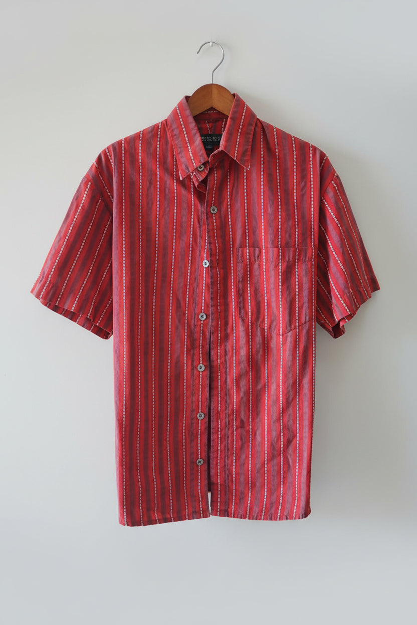 Vintage Red Striped Short Sleeve Button-Up Shirt