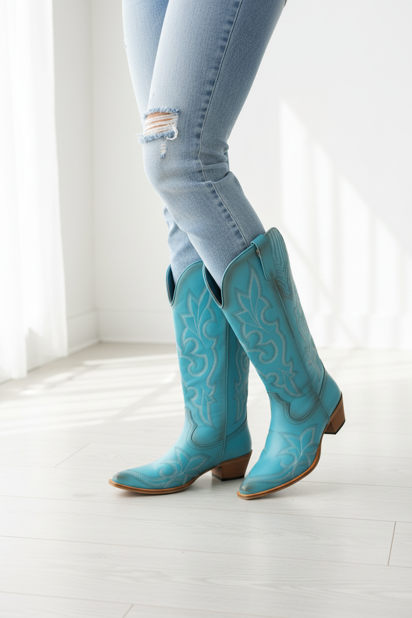 Women's Turquoise Western Cowboy Boots Knee High Side Zip Size 12 New