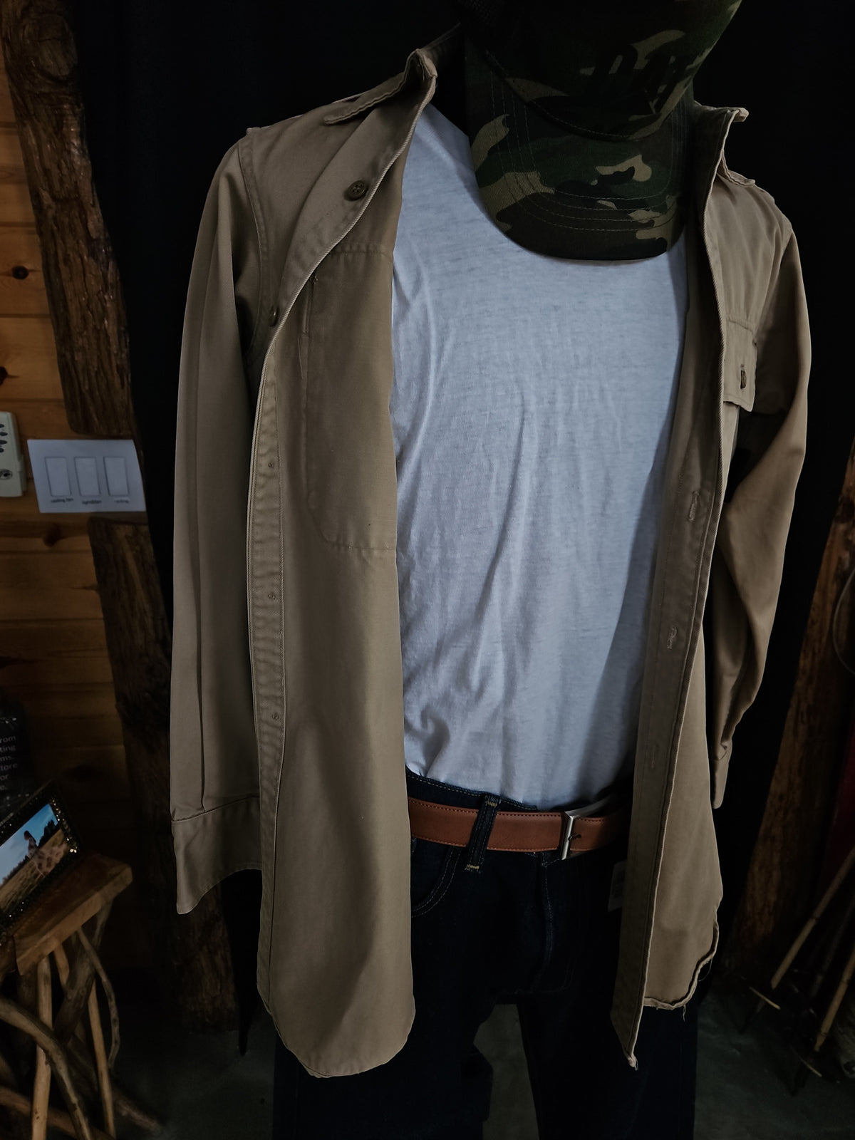 Vintage Military Style Khaki Utility Field Shirt Men's Large XL Button Front Safari Overshirt