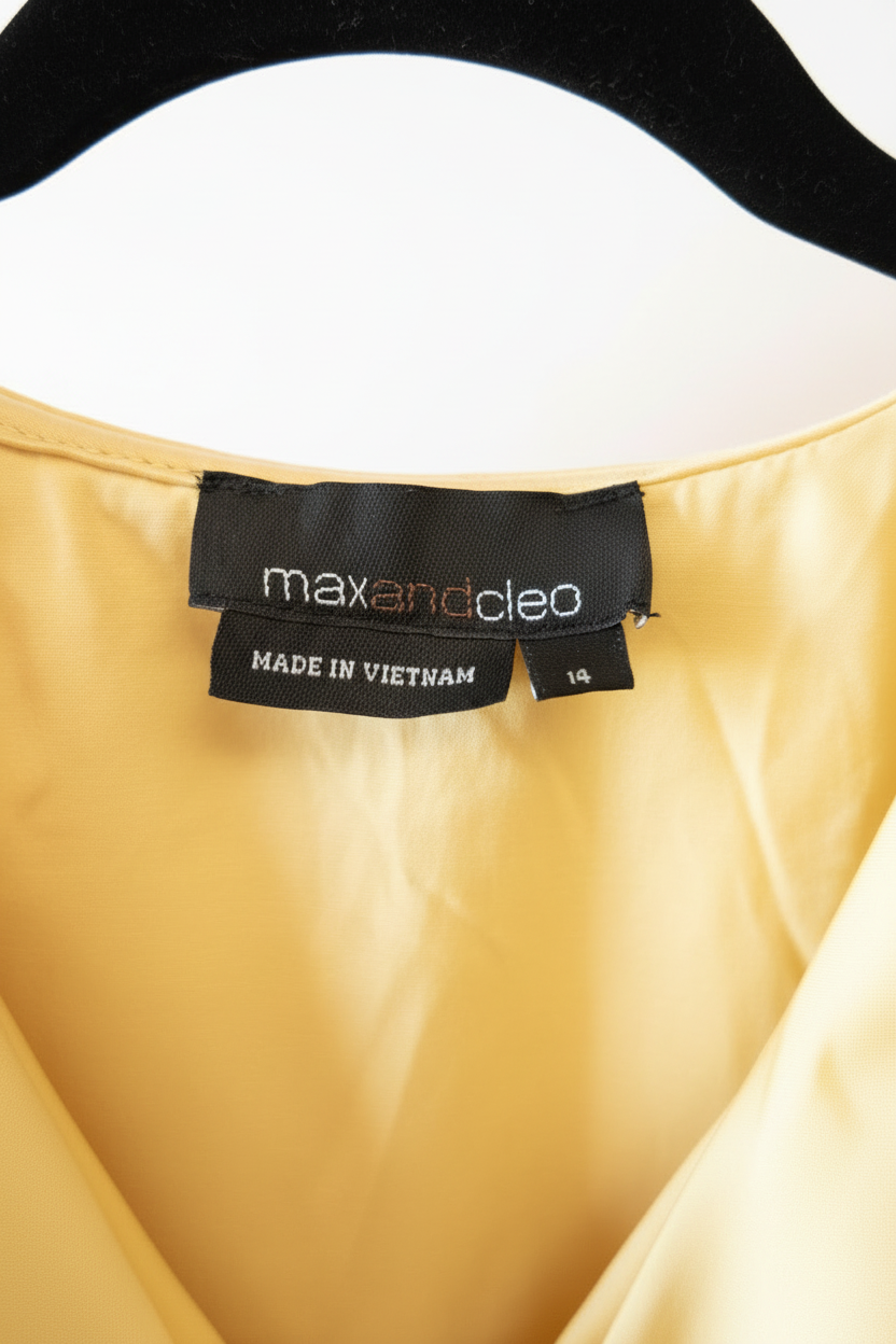 Maxandcleo Women's Ruffle Wrap Midi Dress Size 14 Yellow Sleeveless Tie Waist V-Neck