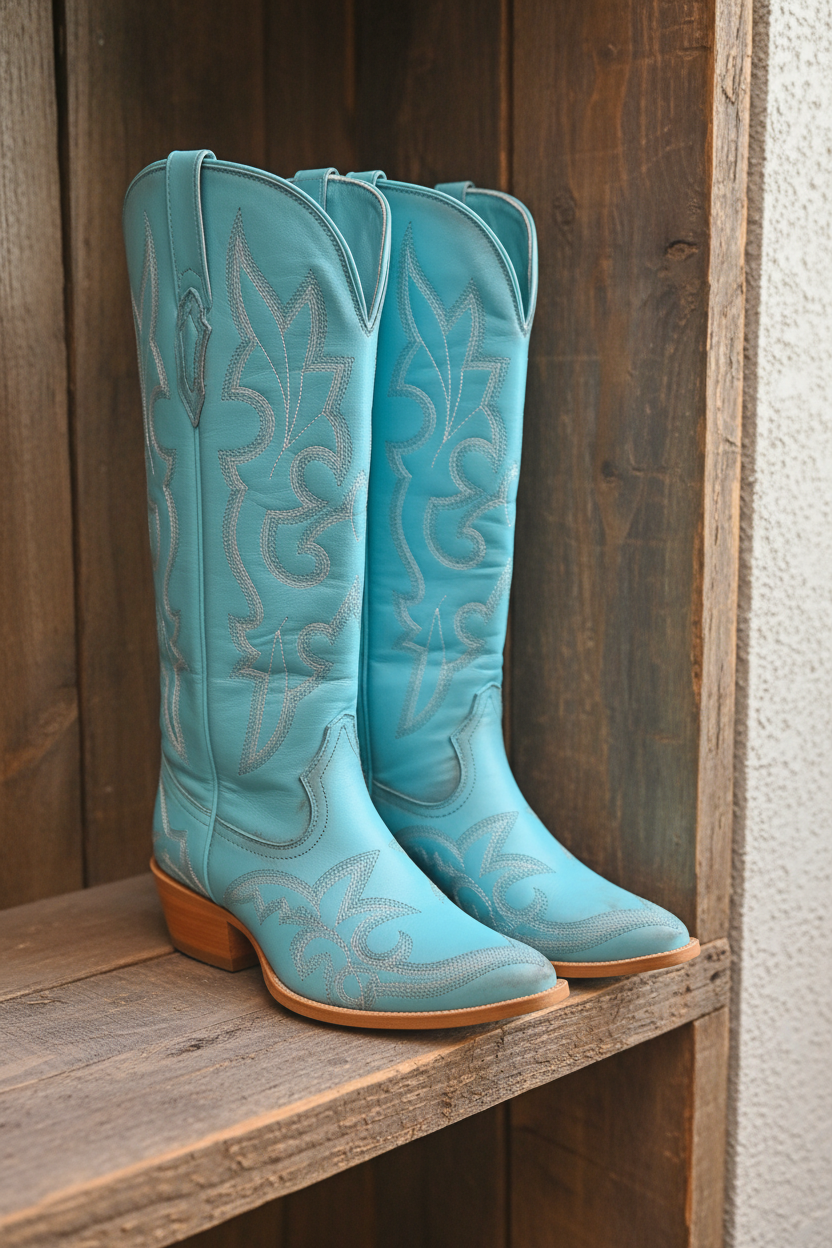 Women's Turquoise Western Cowboy Boots Knee High Side Zip Size 12 New
