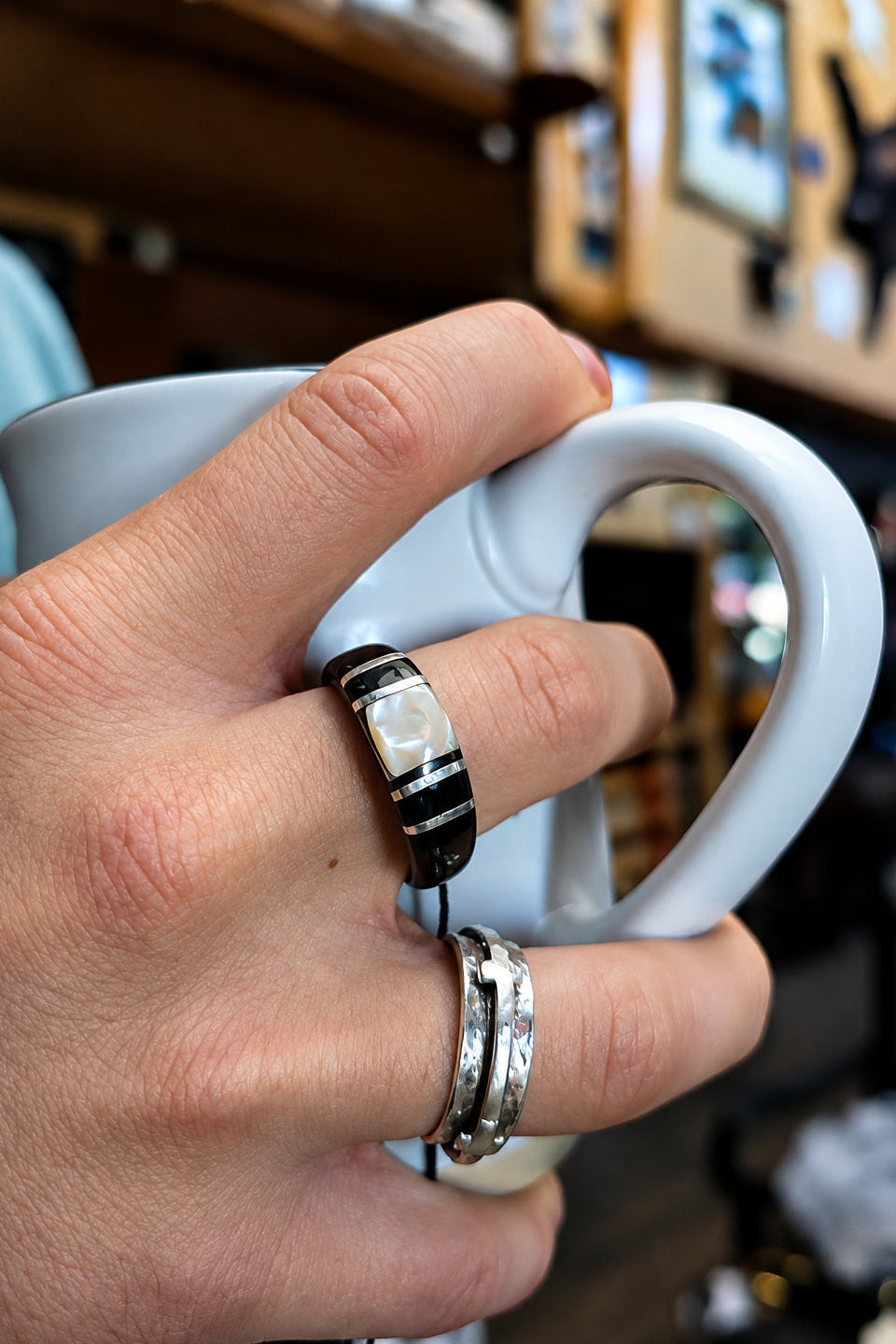 Black Ring with Mother-of-Pearl Center Size 12