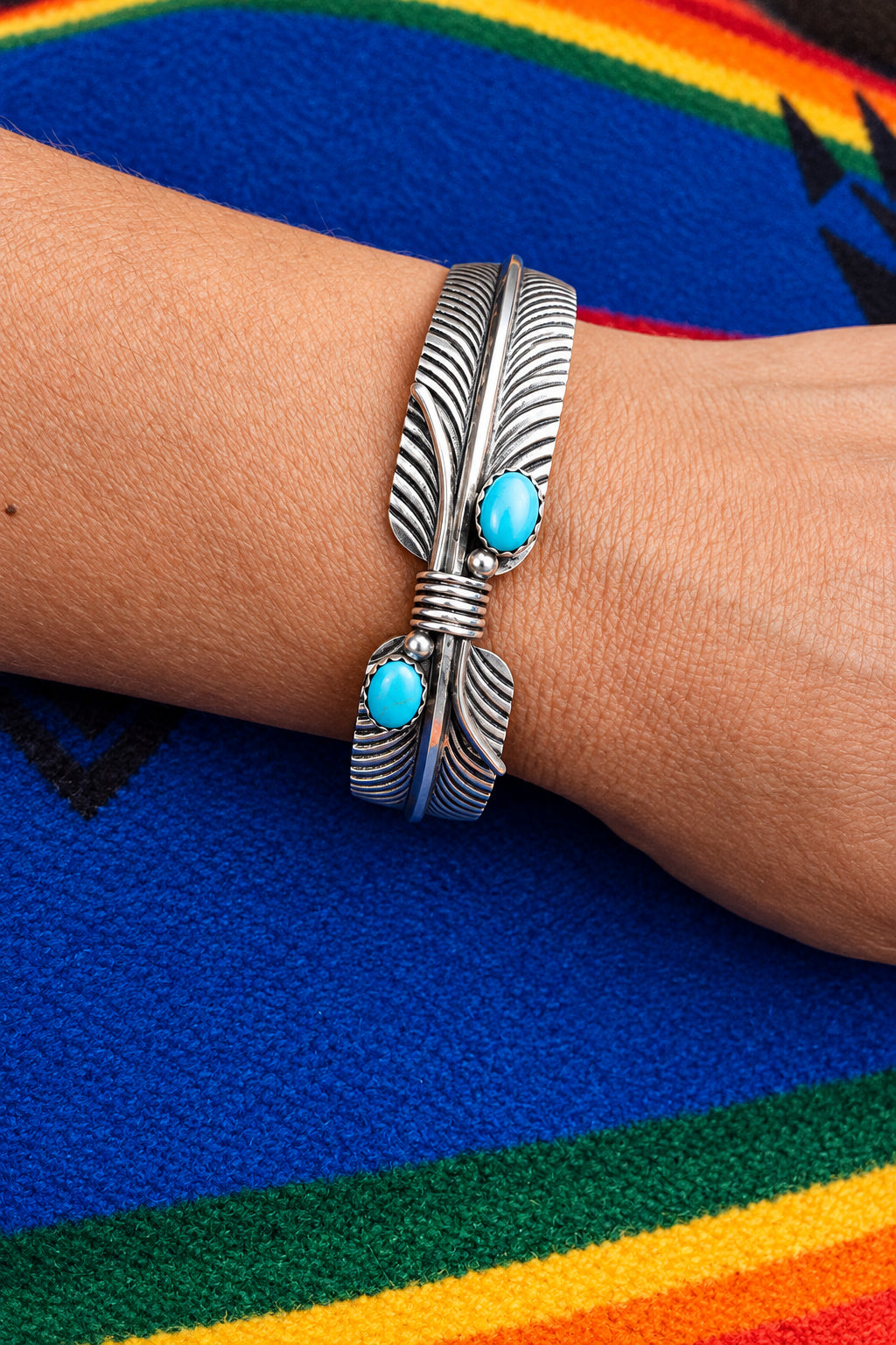 Vintage Sterling Silver Turquoise feather Cuff Bracelet - Southwestern Style