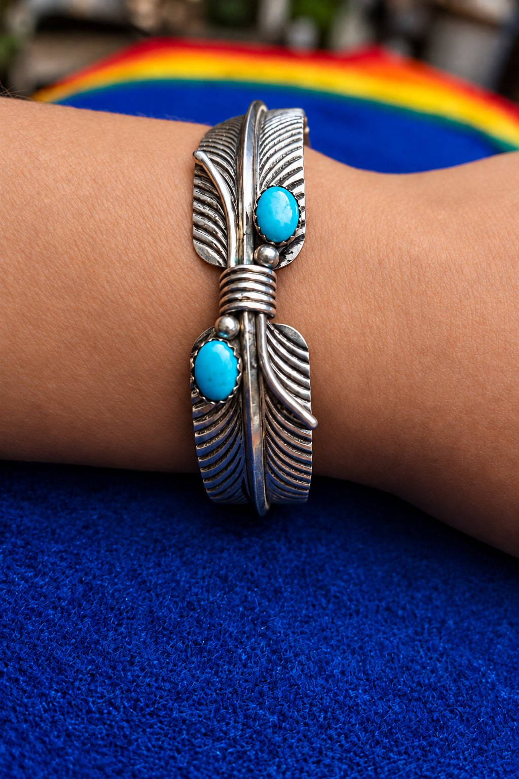 Vintage Sterling Silver Turquoise feather Cuff Bracelet - Southwestern Style