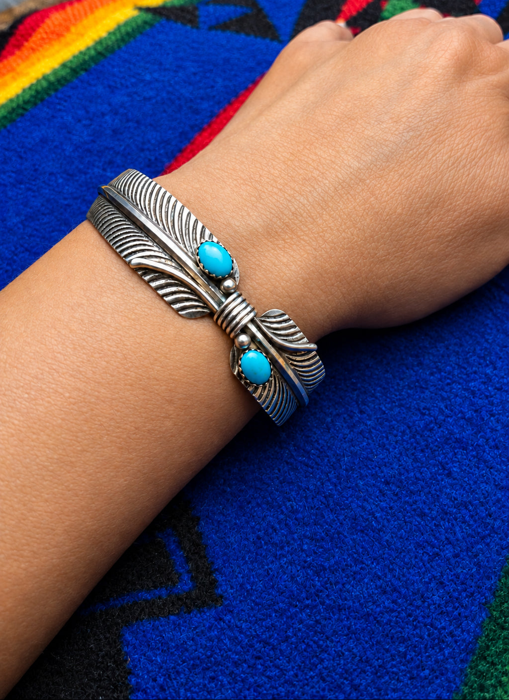 Vintage Sterling Silver Turquoise feather Cuff Bracelet - Southwestern Style