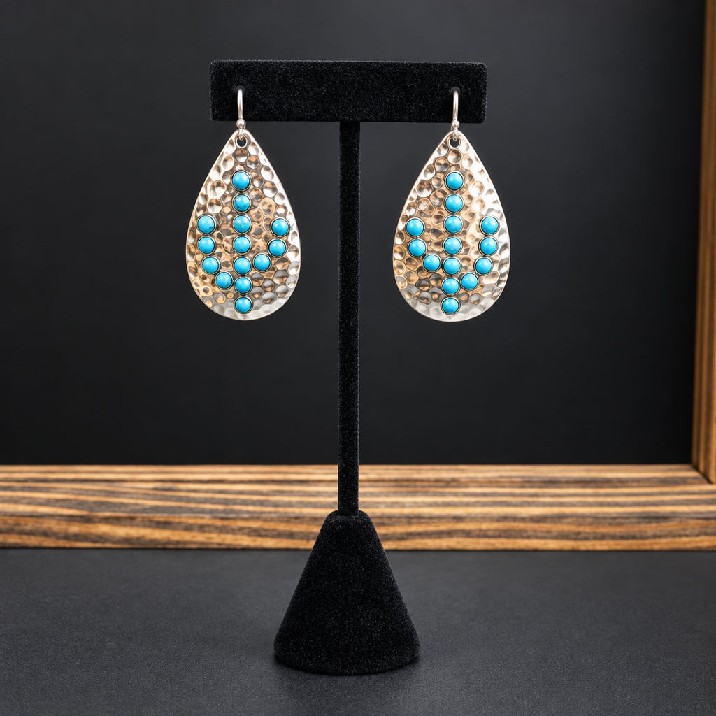 Hammered Teardrop With Turquoise-colored Cactus Earrings
