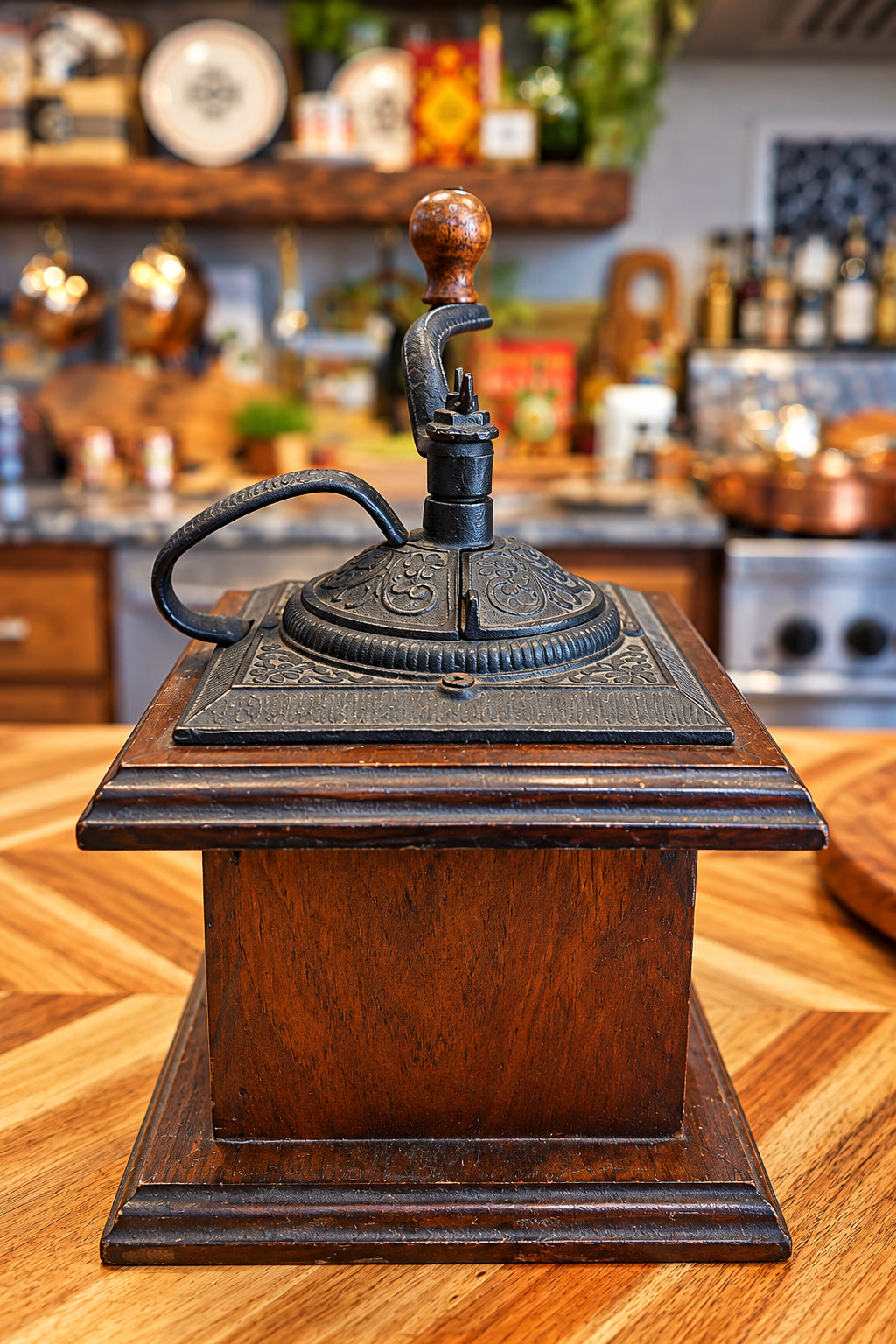 Antique Wood & Cast Iron Hand-Crank Coffee Mill