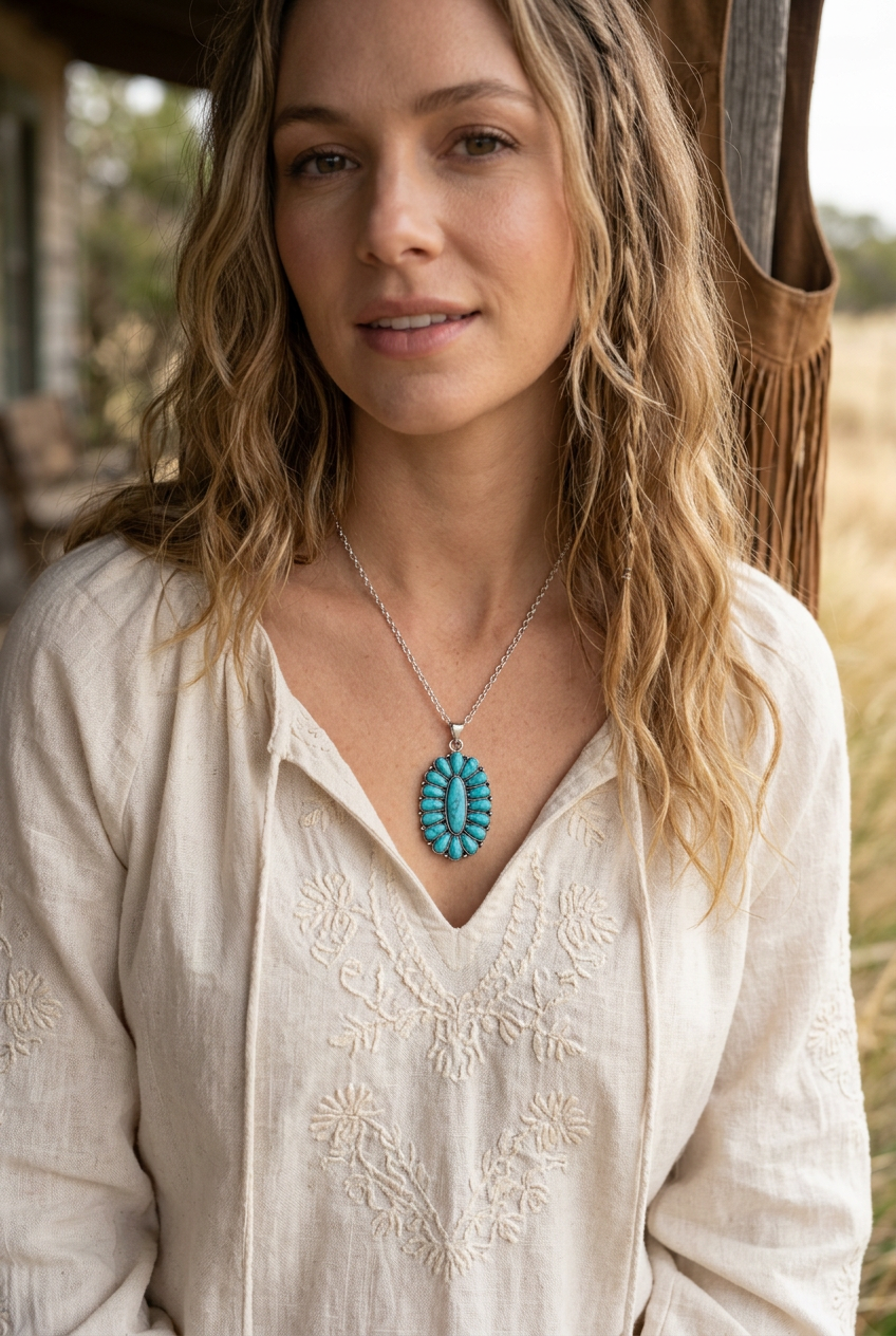 Faux Turquoise Oval Cluster Pendant Necklace