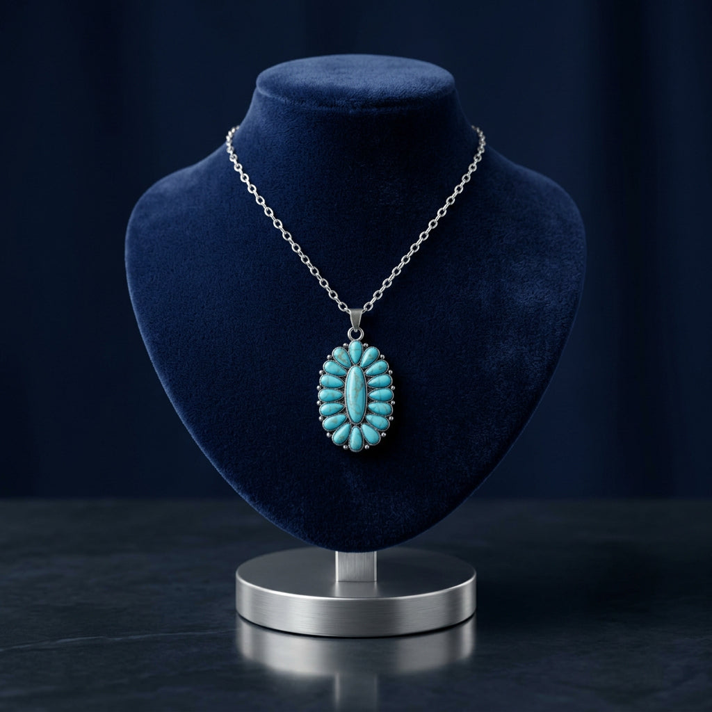 Faux Turquoise Oval Cluster Pendant Necklace