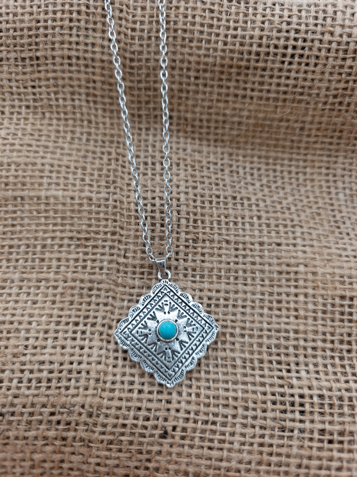 Faux Turquoise Geometric Southwestern Pendant Necklace