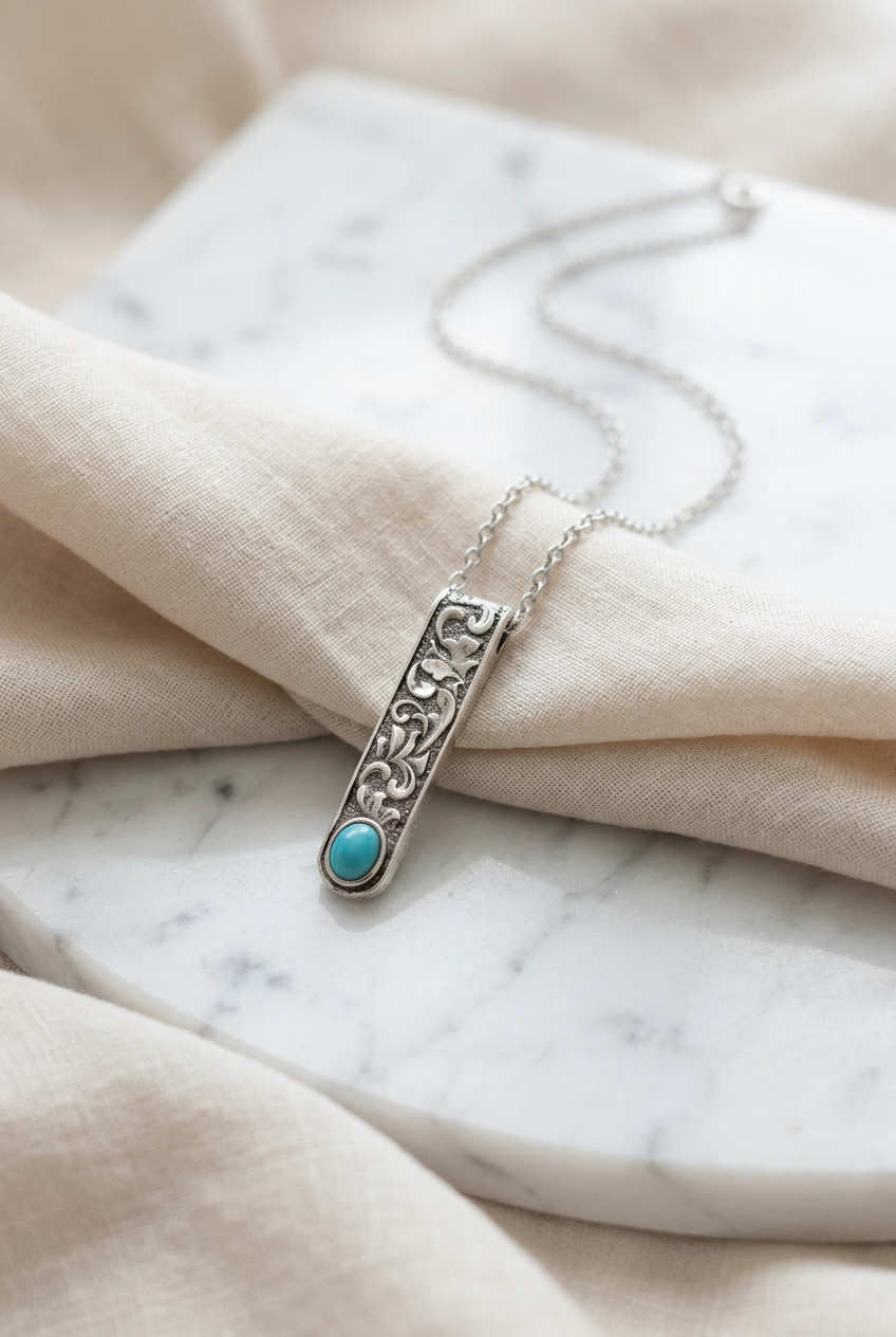 Faux Turquoise Floral Bar Pendant Necklace