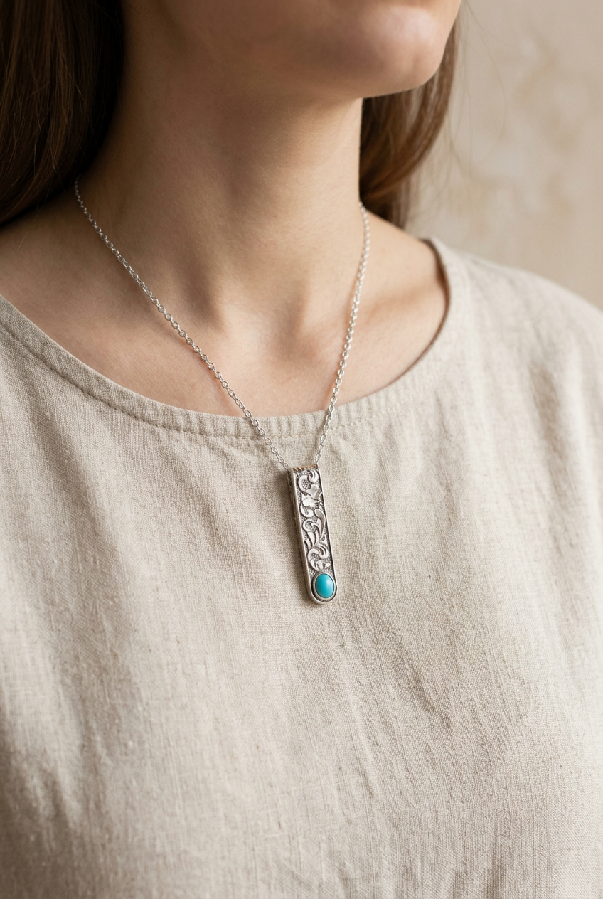 Faux Turquoise Floral Bar Pendant Necklace