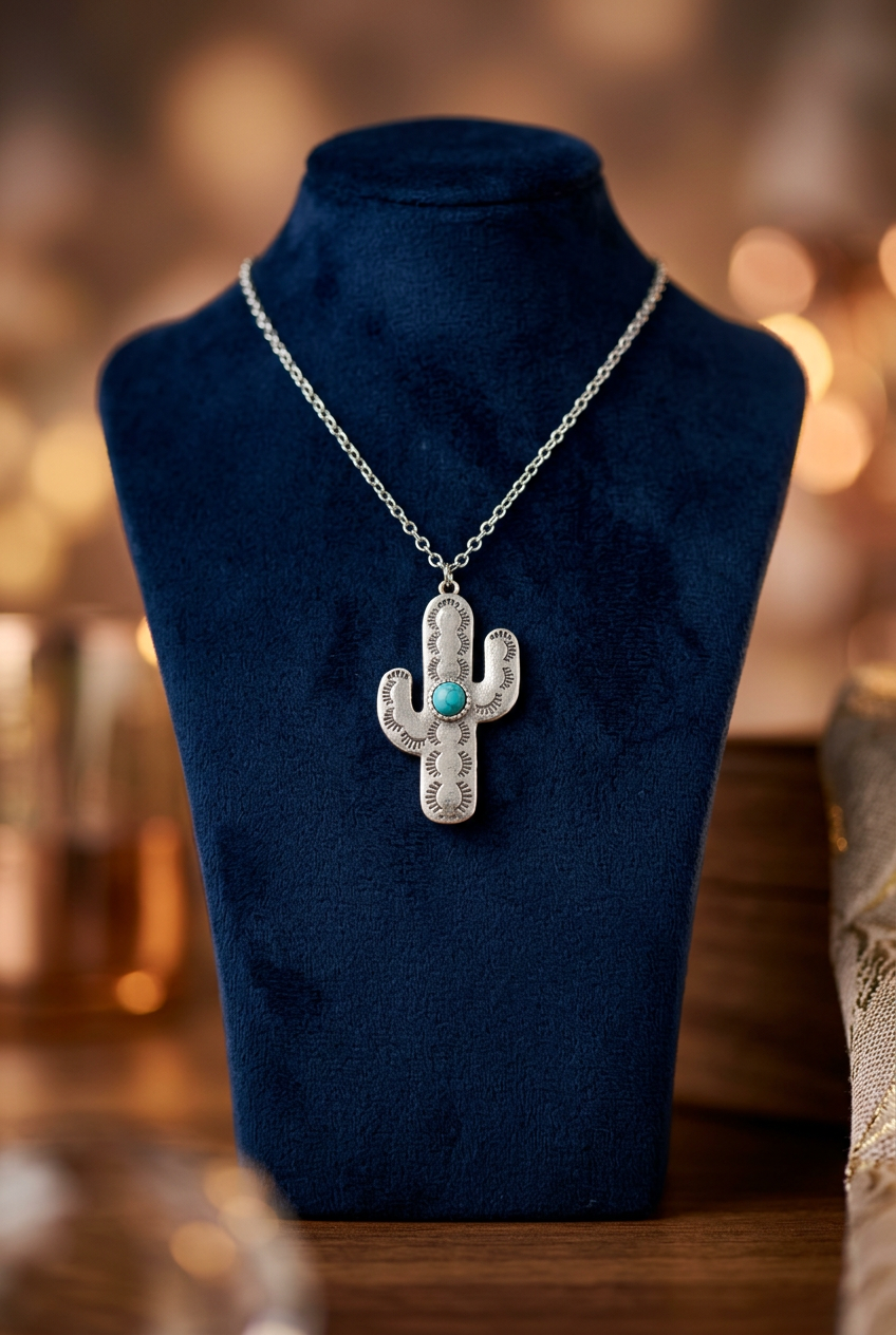 Faux Turquoise Cactus Pendant Necklace