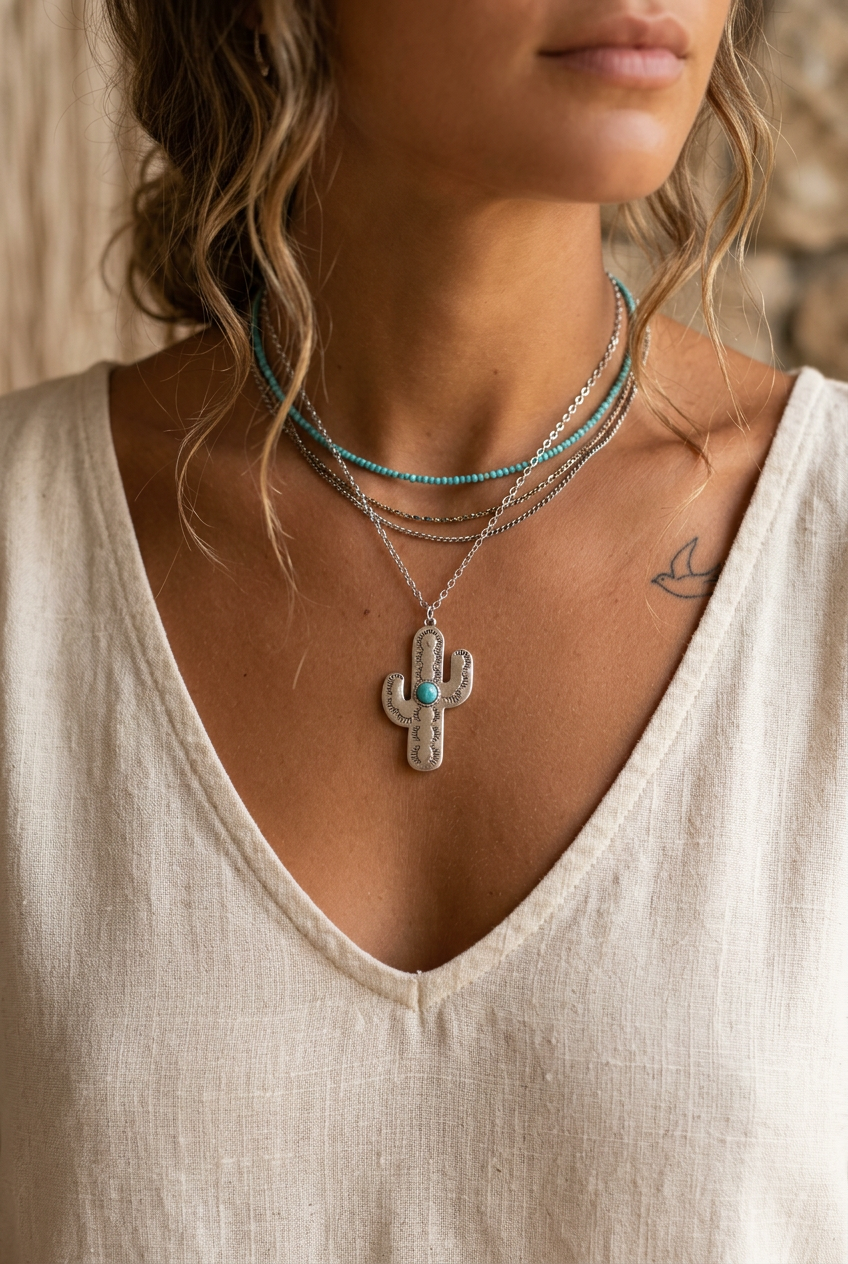 Faux Turquoise Cactus Pendant Necklace