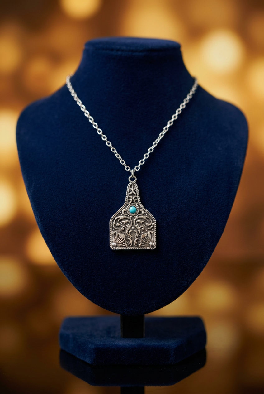 Southwestern Ornate Faux Turquoise Pendant Necklace