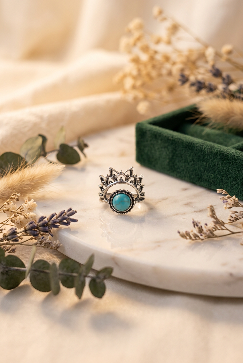 Western Turquoise-Style Crown Statement Ring – Size 7.5